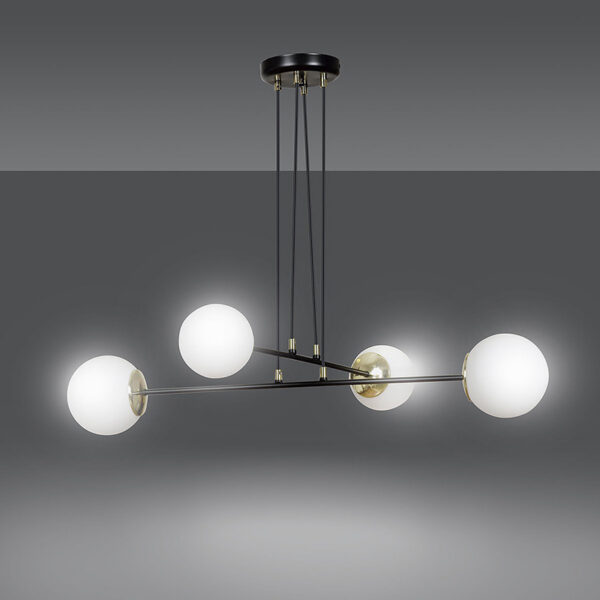 Suspension Ognis base en métal avec détail doté et abat-jour en boule de verre opaleau design contemporain par Emibig