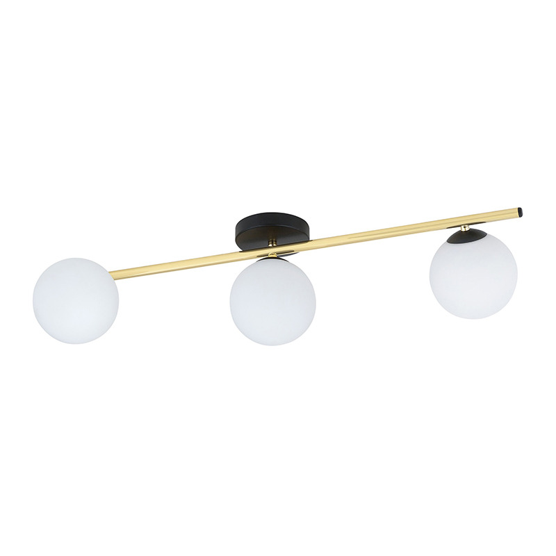 Plafonnier Splendi base en métal et bras doré avec abat-jour en boule de verre au design contemporain par Emibig Plafonnier Splendi base en métal et bras doré avec abat-jour en boule de verre au design contemporain par Emibig