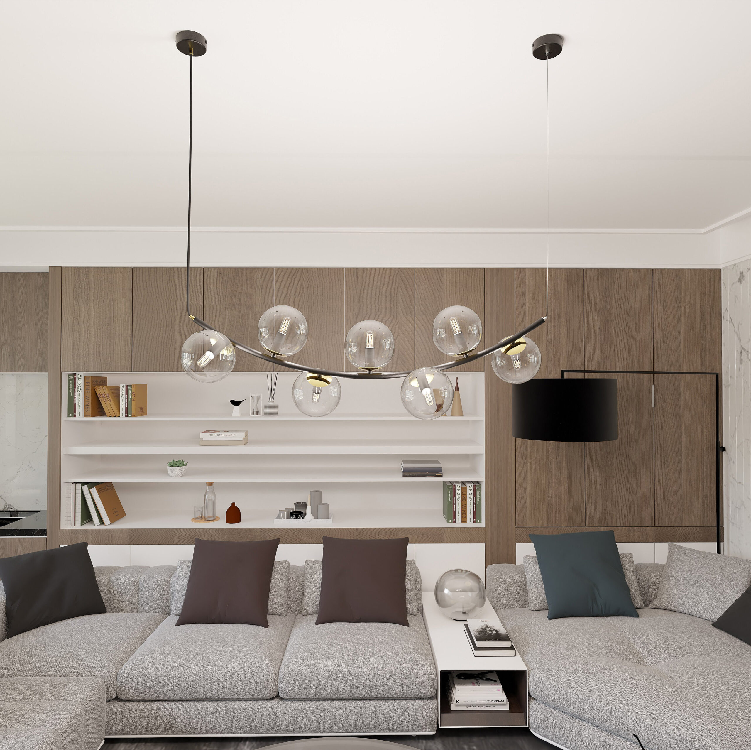 Suspension Ritz en métal avec bras demi cercle et abat-jour en verre au design contemporain par Emibig Suspension Ritz en métal avec bras demi cercle et abat-jour en verre au design contemporain par Emibig