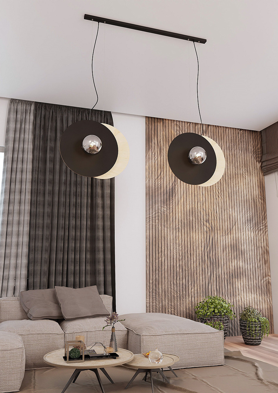 Suspension Soho base en métal et bois avec abat-jour en disque avec boule de verre au design contemporain par Emibig