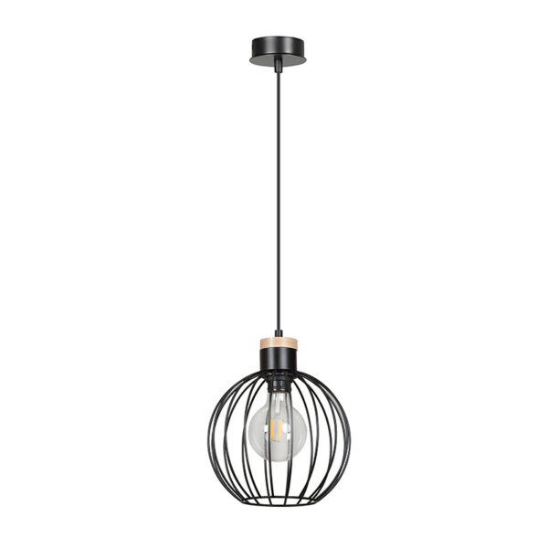 Suspension Barbado base en métal et détail bois avec abat-jour en fil de forme ronde au design contemporain par Emibig