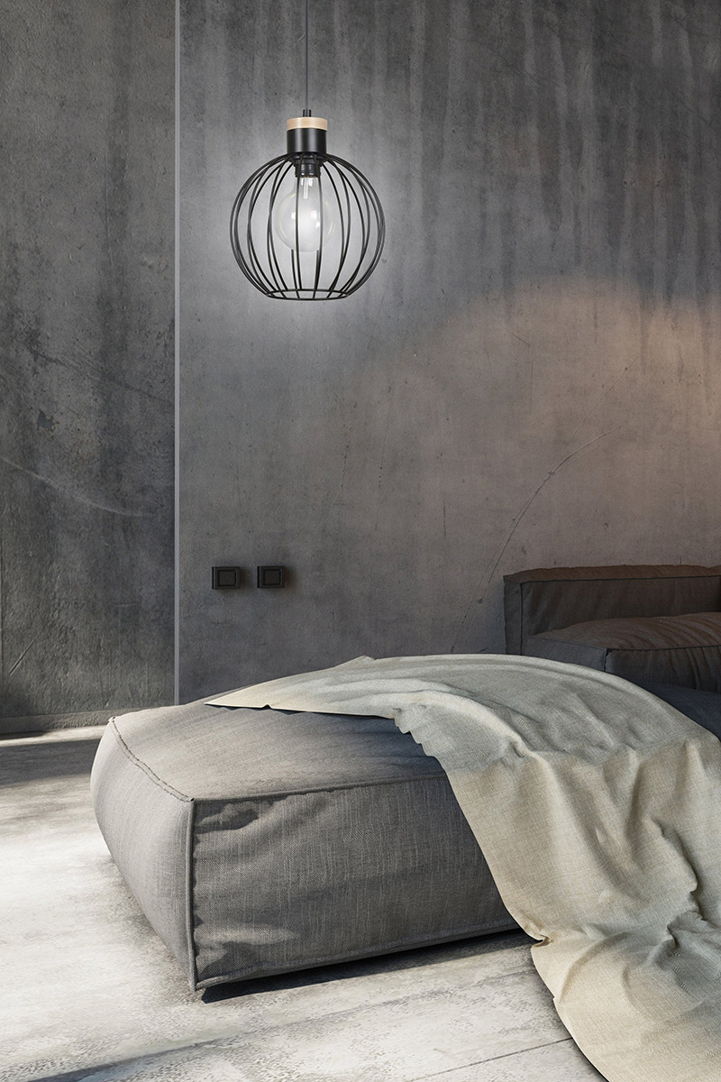 Suspension Barbado base en métal et détail bois avec abat-jour en fil de forme ronde au design contemporain par Emibig Suspension Barbado base en métal et détail bois avec abat-jour en fil de forme ronde au design contemporain par Emibig