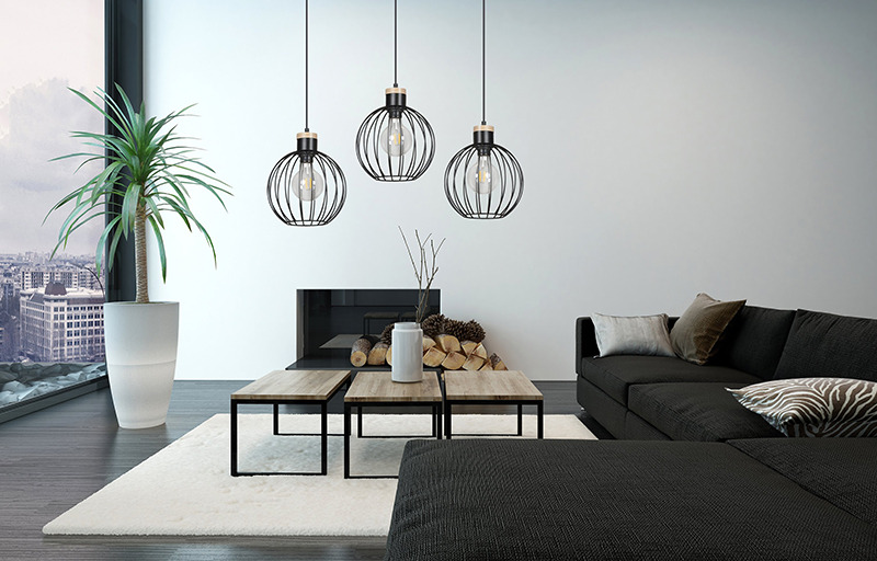 Suspension Barbado base en métal et détail bois avec abat-jour en fil de forme ronde au design contemporain par Emibig Suspension Barbado base en métal et détail bois avec abat-jour en fil de forme ronde au design contemporain par Emibig