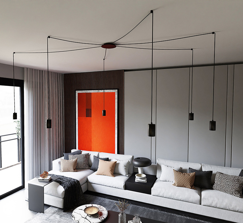 Suspension Traker en forme d'araignée avec base en métal et abat-jour en tube au design contemporain par Emibig Suspension Traker en forme d'araignée avec base en métal et abat-jour en tube au design contemporain par Emibig