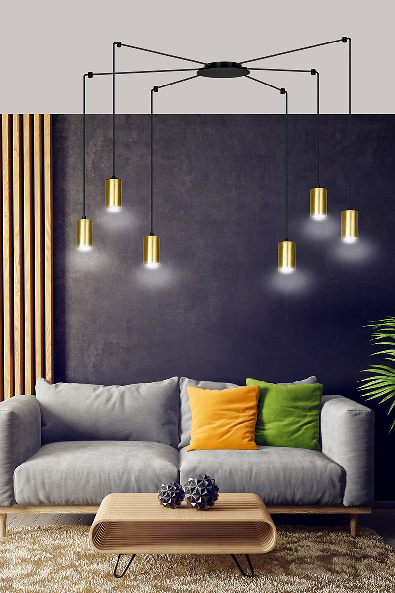Suspension Traker en forme d'araignée avec base en métal et abat-jour en tube au design contemporain par Emibig Suspension Traker en forme d'araignée avec base en métal et abat-jour en tube au design contemporain par Emibig