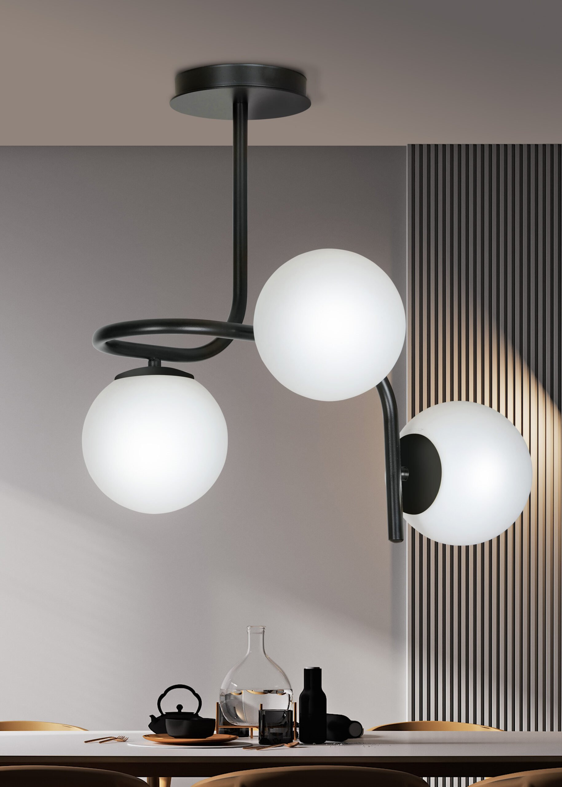 Plafonnier Kalf base en métal avec abat-jour en boule de verre opale au design contemporain par Emibig Plafonnier Kalf base en métal avec abat-jour en boule de verre opale au design contemporain par Emibig