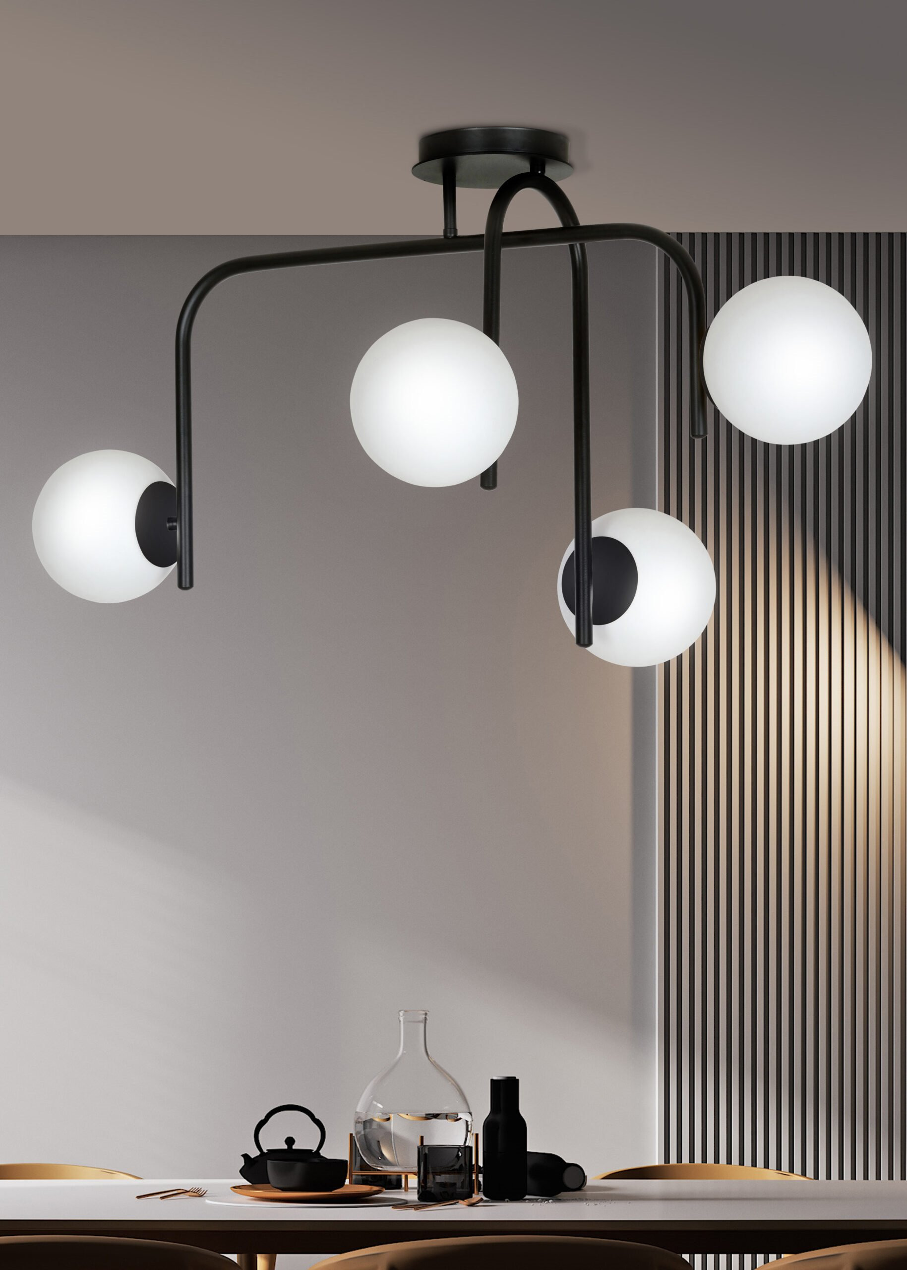 Plafonnier Kalf base en métal avec abat-jour en boule de verre opale au design contemporain par Emibig Plafonnier Kalf base en métal avec abat-jour en boule de verre opale au design contemporain par Emibig