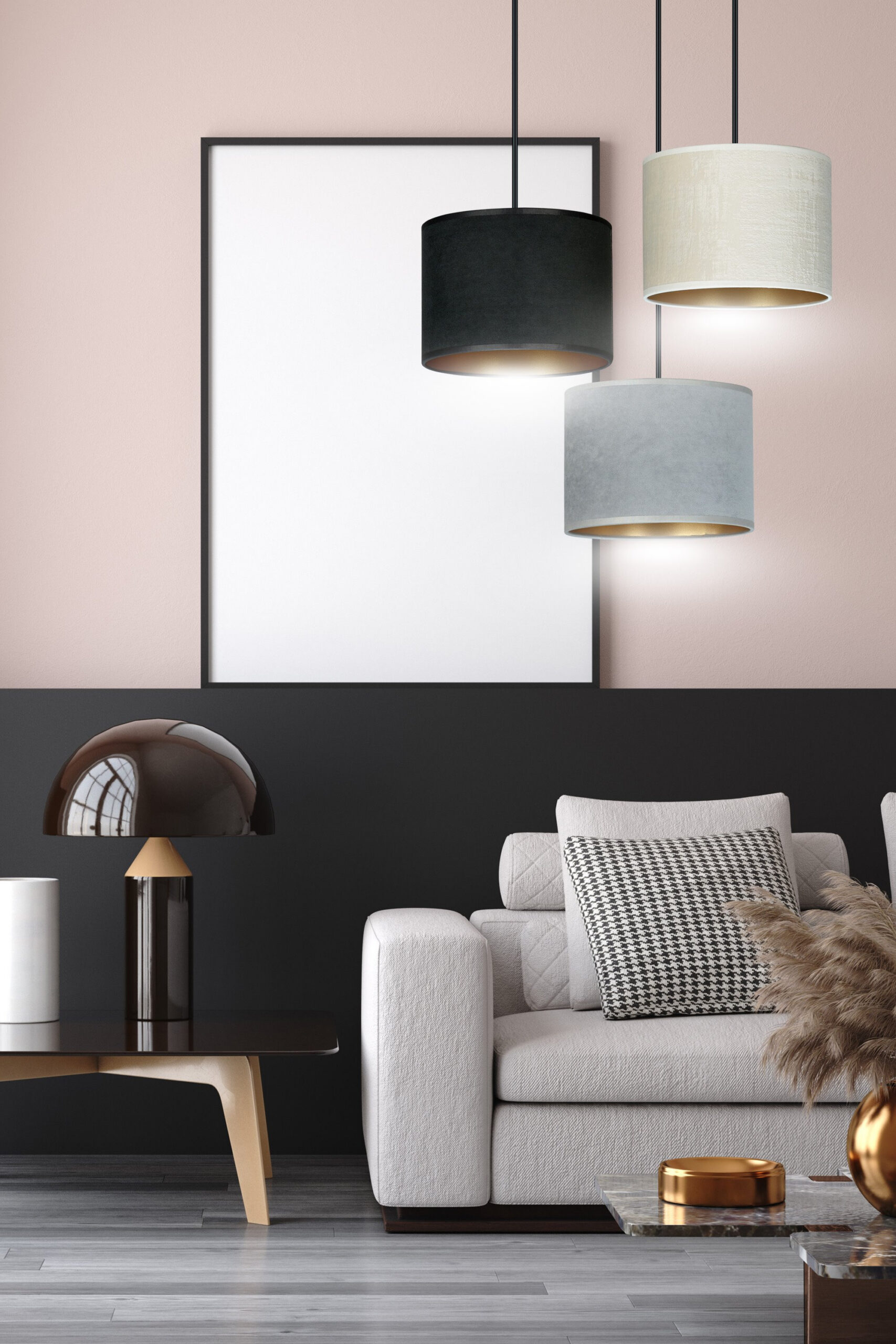 Suspension Hilde base en métal circulaire et abat-jour en velours au design contemporain par Emibig Suspension Hilde base en métal circulaire et abat-jour en velours au design contemporain par Emibig