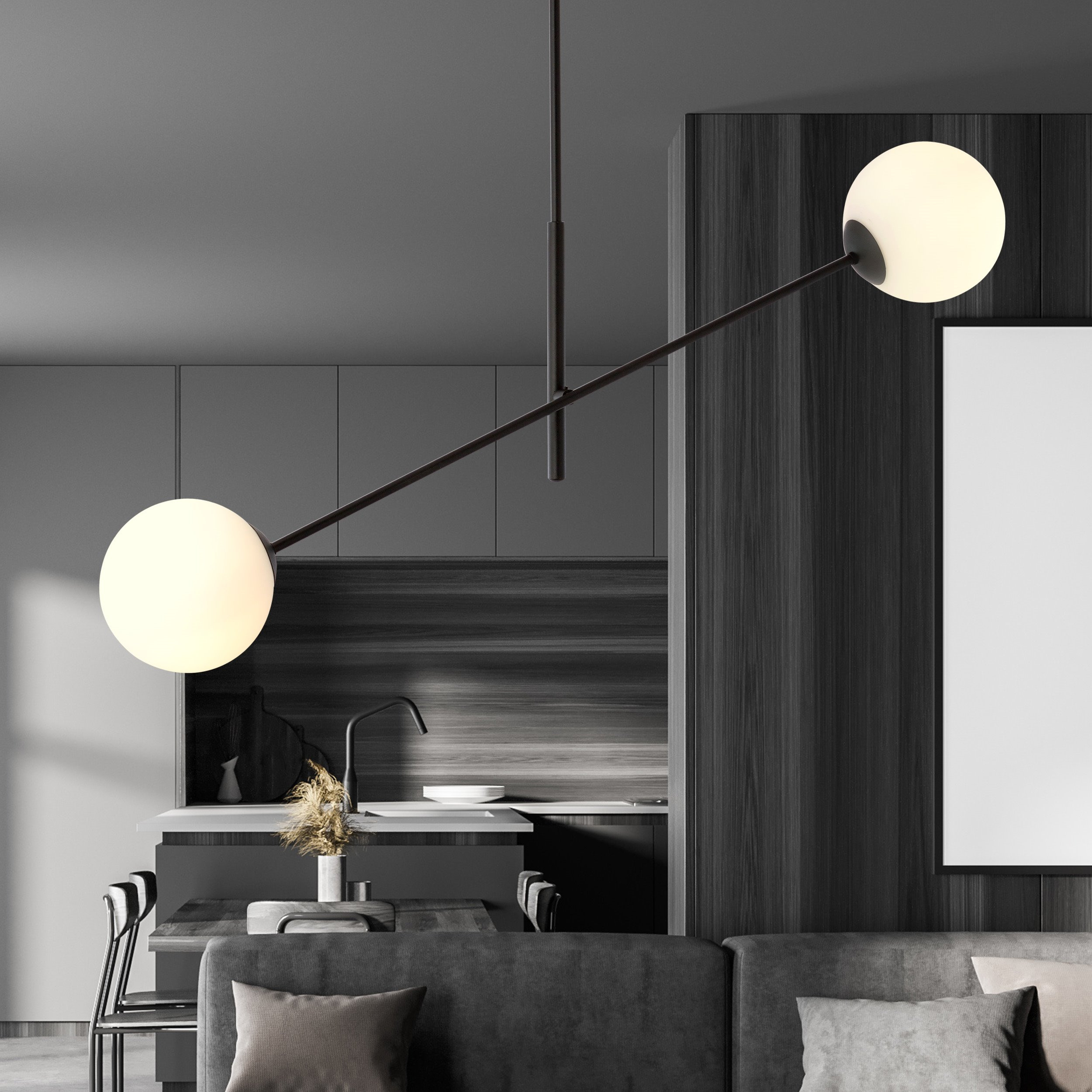 Plafonnier Linear base en métal et abat-jour en boule de verre au design contemporain par Emibig Plafonnier Linear base en métal et abat-jour en boule de verre au design contemporain par Emibig