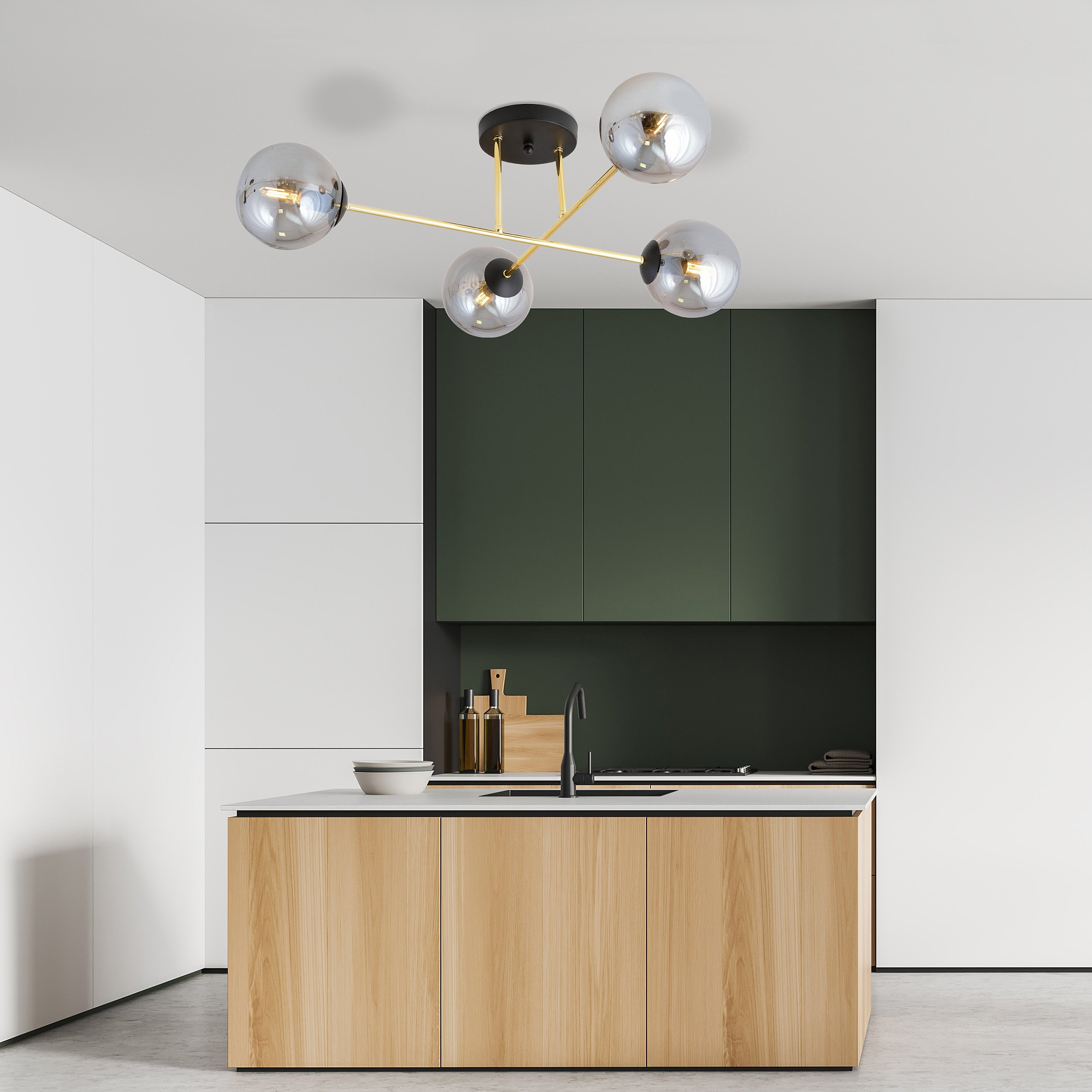 Plafonnier Magnum base en métal et bras doré avec abat-jour boule en verre au design contemporain par Emibig Plafonnier Magnum base en métal et bras doré avec abat-jour boule en verre au design contemporain par Emibig