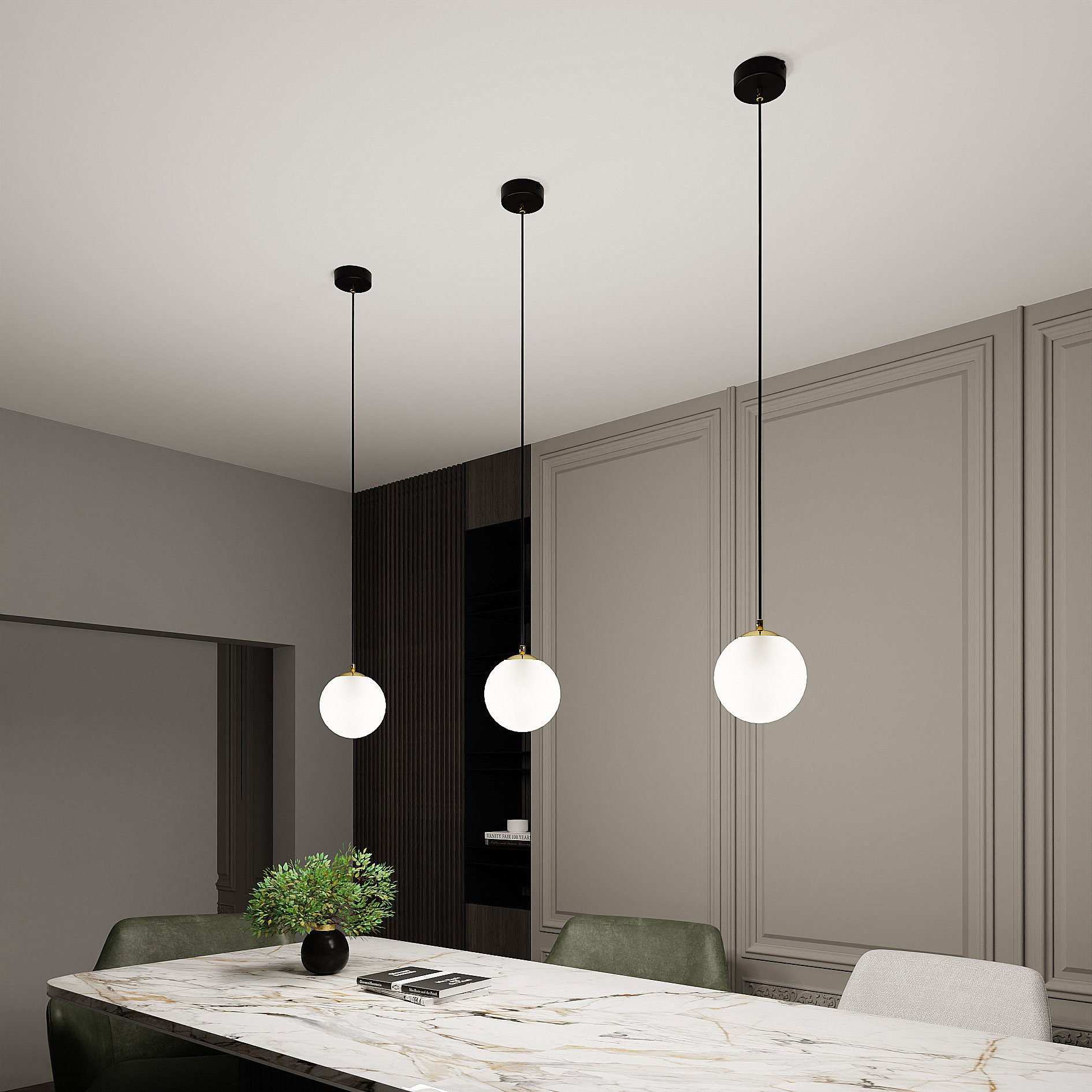 Suspension Royal base en métal et détail doré avec abat jour en boule de verre opale au design contemporain par Emibig Suspension Royal base en métal et détail doré avec abat jour en boule de verre opale au design contemporain par Emibig