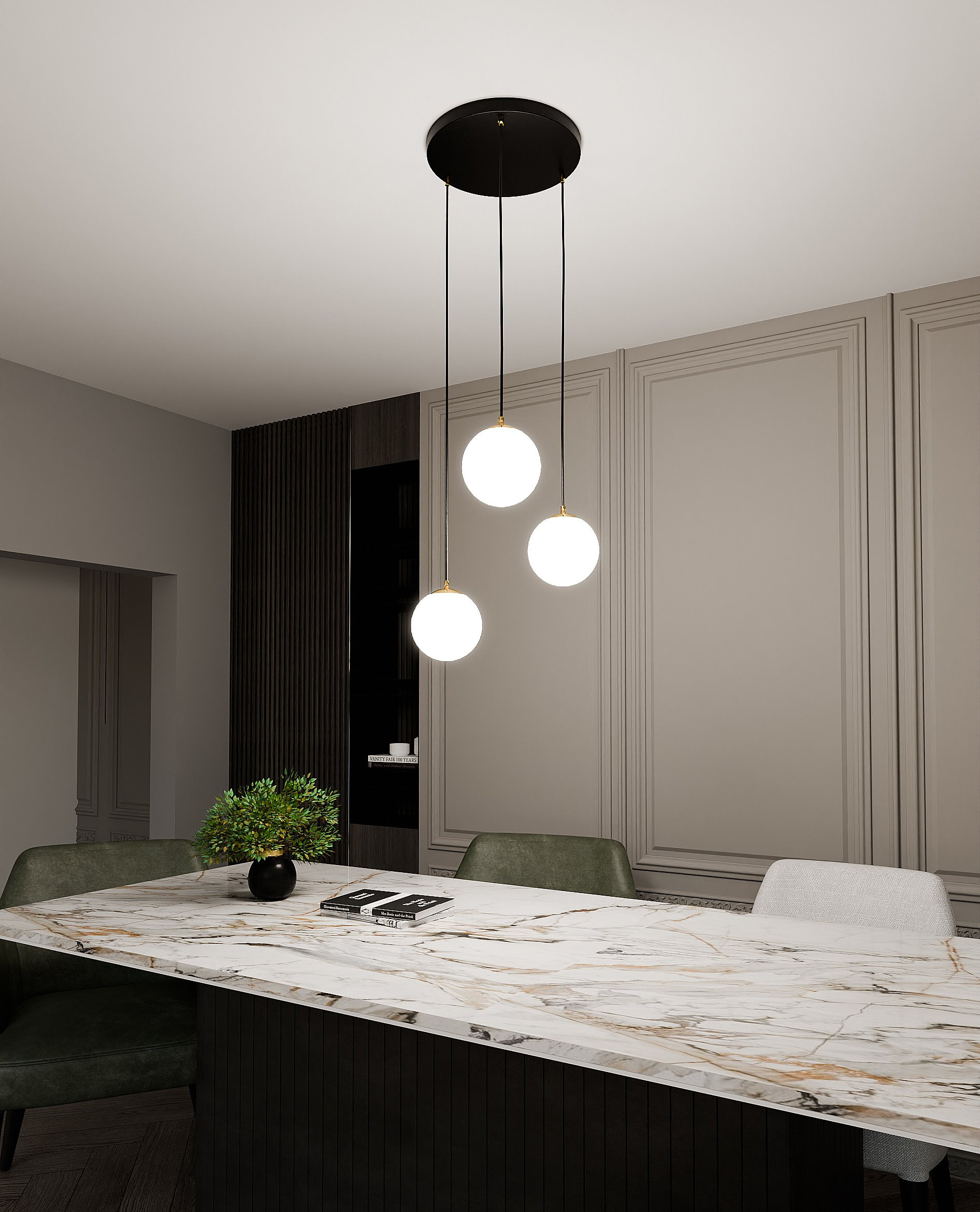 Suspension Royal base en métal et détail doré avec abat jour en boule de verre opale au design contemporain par Emibig Suspension Royal base en métal et détail doré avec abat jour en boule de verre opale au design contemporain par Emibig