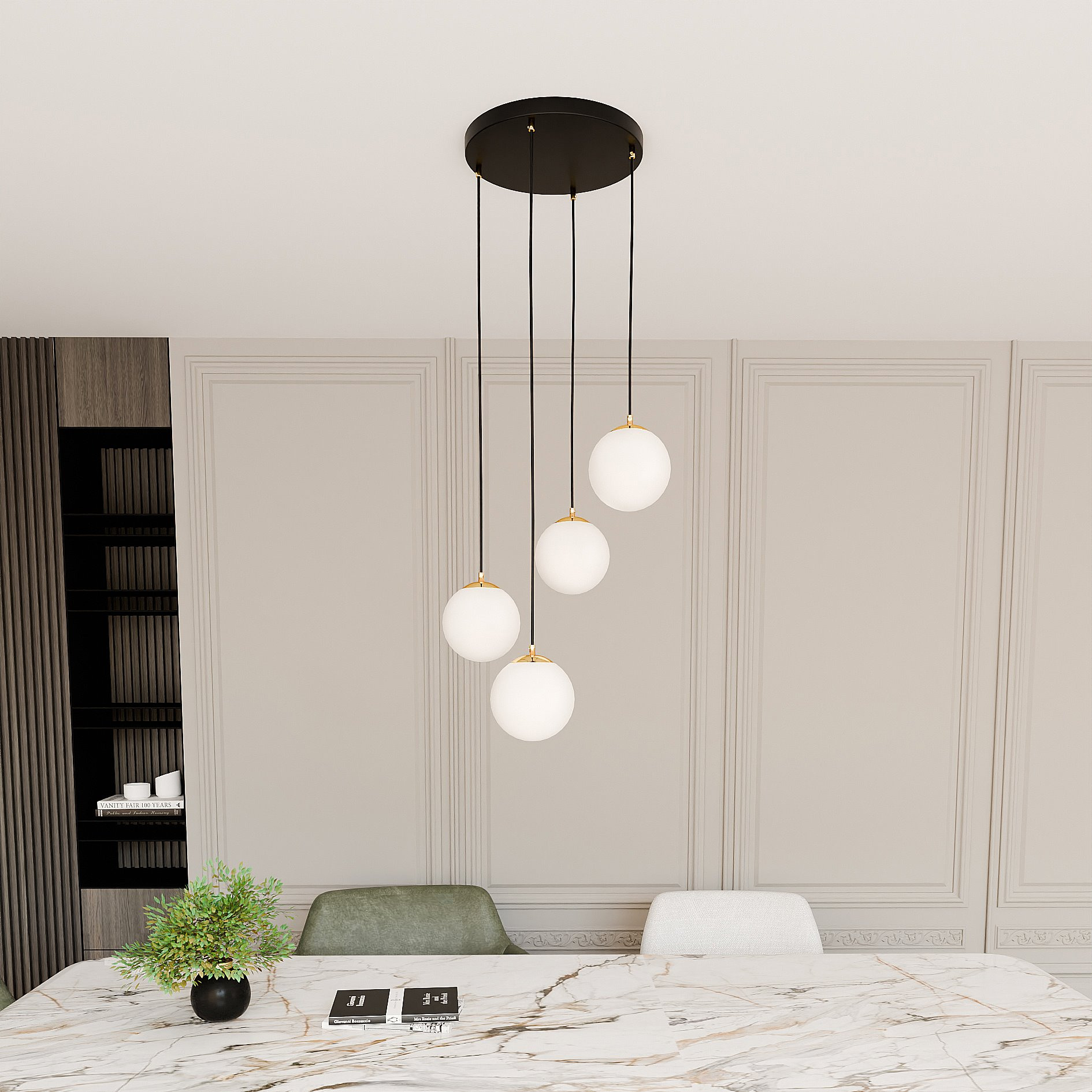 Suspension Royal base en métal et détail doré avec abat jour en boule de verre opale au design contemporain par Emibig Suspension Royal base en métal et détail doré avec abat jour en boule de verre opale au design contemporain par Emibig