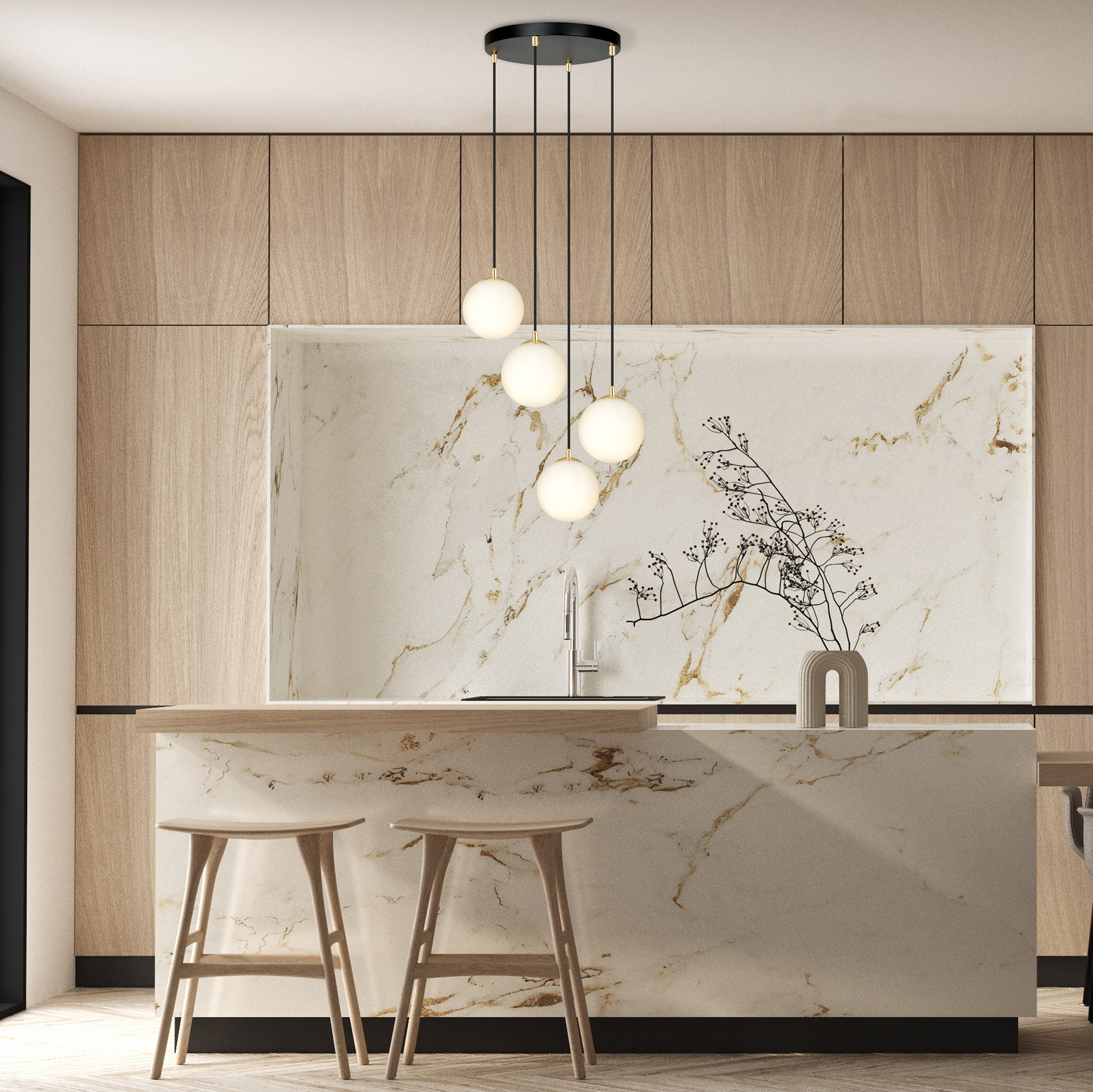 Suspension Royal base en métal et détail doré avec abat jour en boule de verre opale au design contemporain par Emibig Suspension Royal base en métal et détail doré avec abat jour en boule de verre opale au design contemporain par Emibig