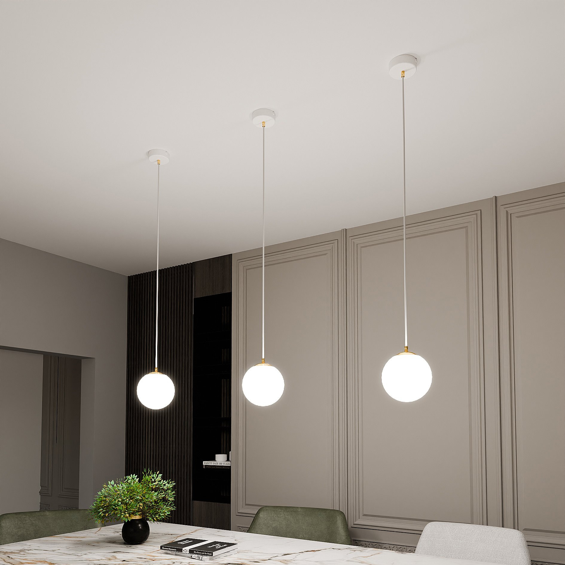 Suspension Royal base en métal et détail doré avec abat jour en boule de verre opale au design contemporain par Emibig Suspension Royal base en métal et détail doré avec abat jour en boule de verre opale au design contemporain par Emibig