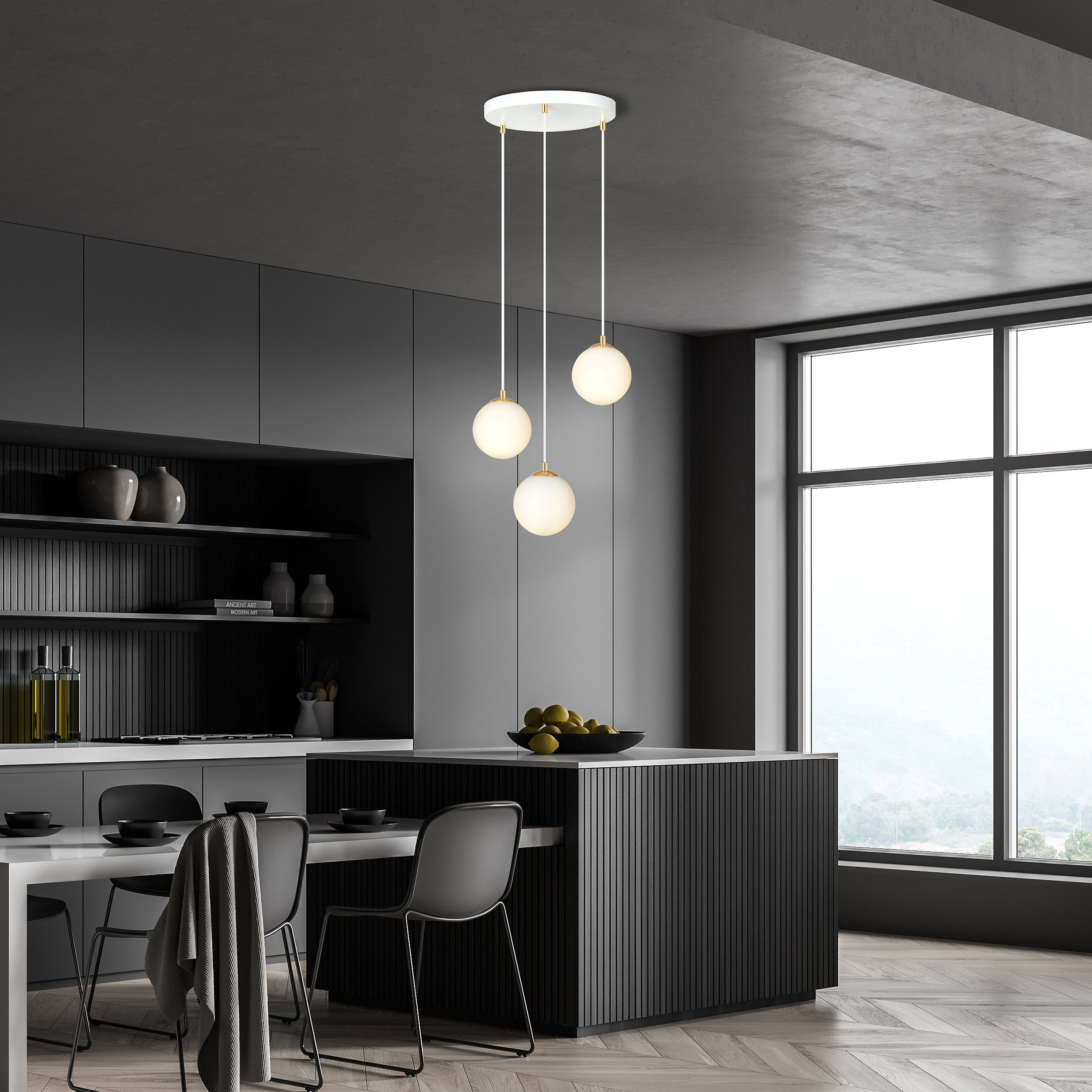 Suspension Royal base en métal et détail doré avec abat jour en boule de verre opale au design contemporain par Emibig Suspension Royal base en métal et détail doré avec abat jour en boule de verre opale au design contemporain par Emibig