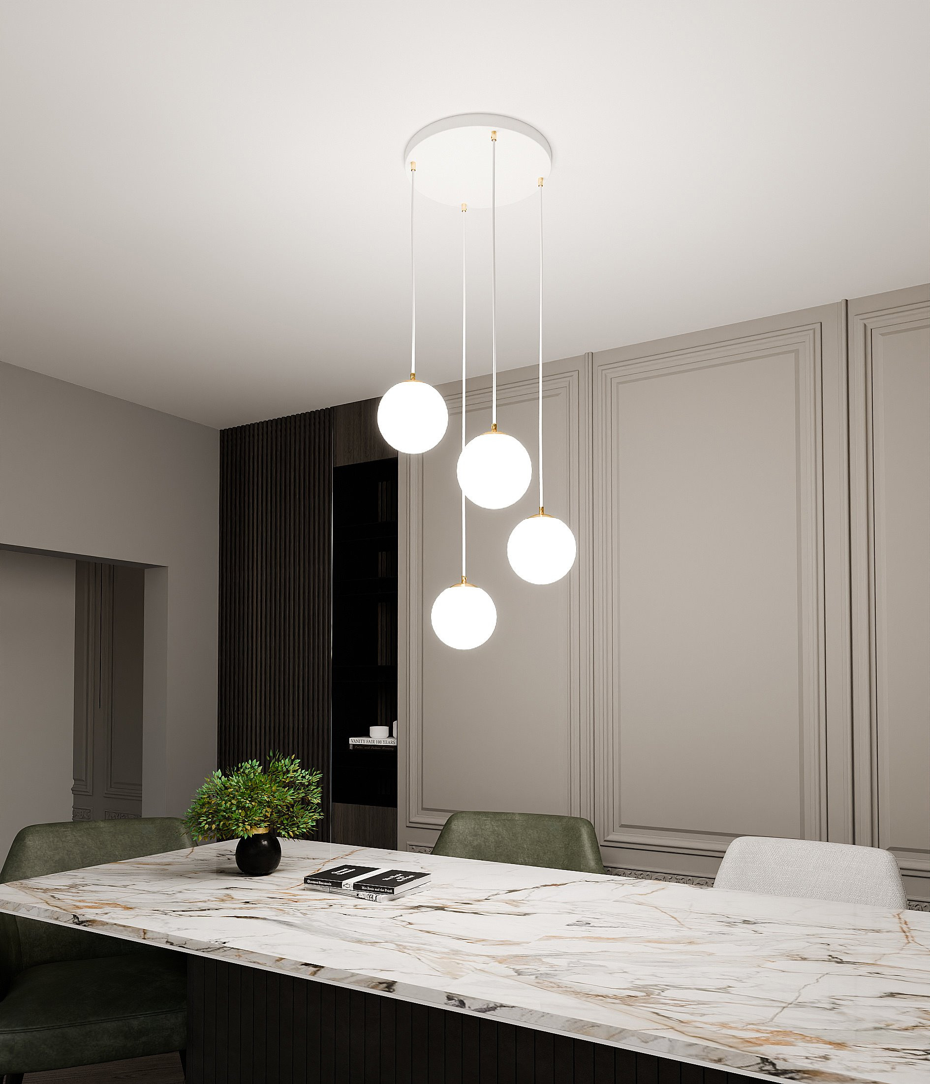 Suspension Royal base en métal et détail doré avec abat jour en boule de verre opale au design contemporain par Emibig Suspension Royal base en métal et détail doré avec abat jour en boule de verre opale au design contemporain par Emibig