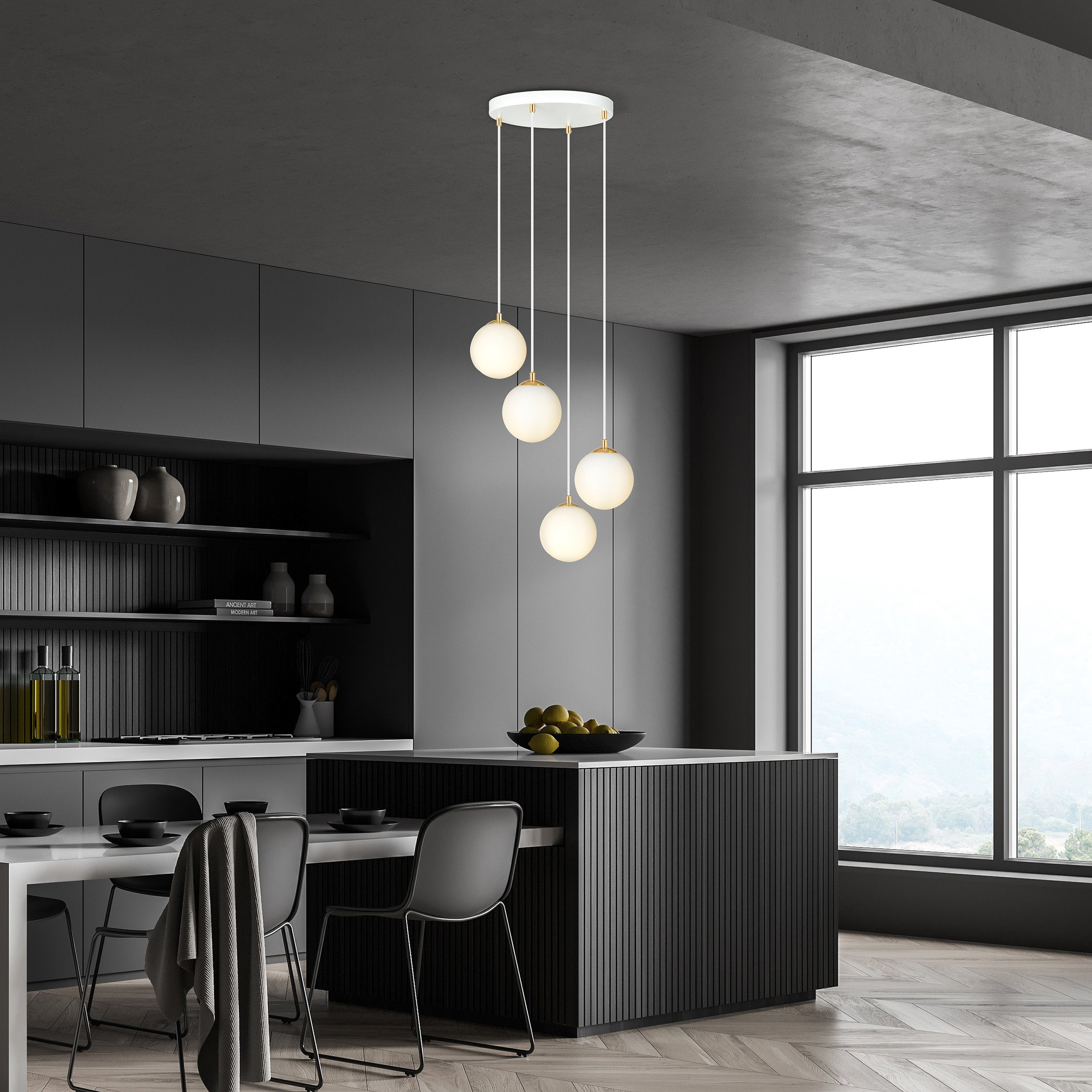 Suspension Royal base en métal et détail doré avec abat jour en boule de verre opale au design contemporain par Emibig Suspension Royal base en métal et détail doré avec abat jour en boule de verre opale au design contemporain par Emibig