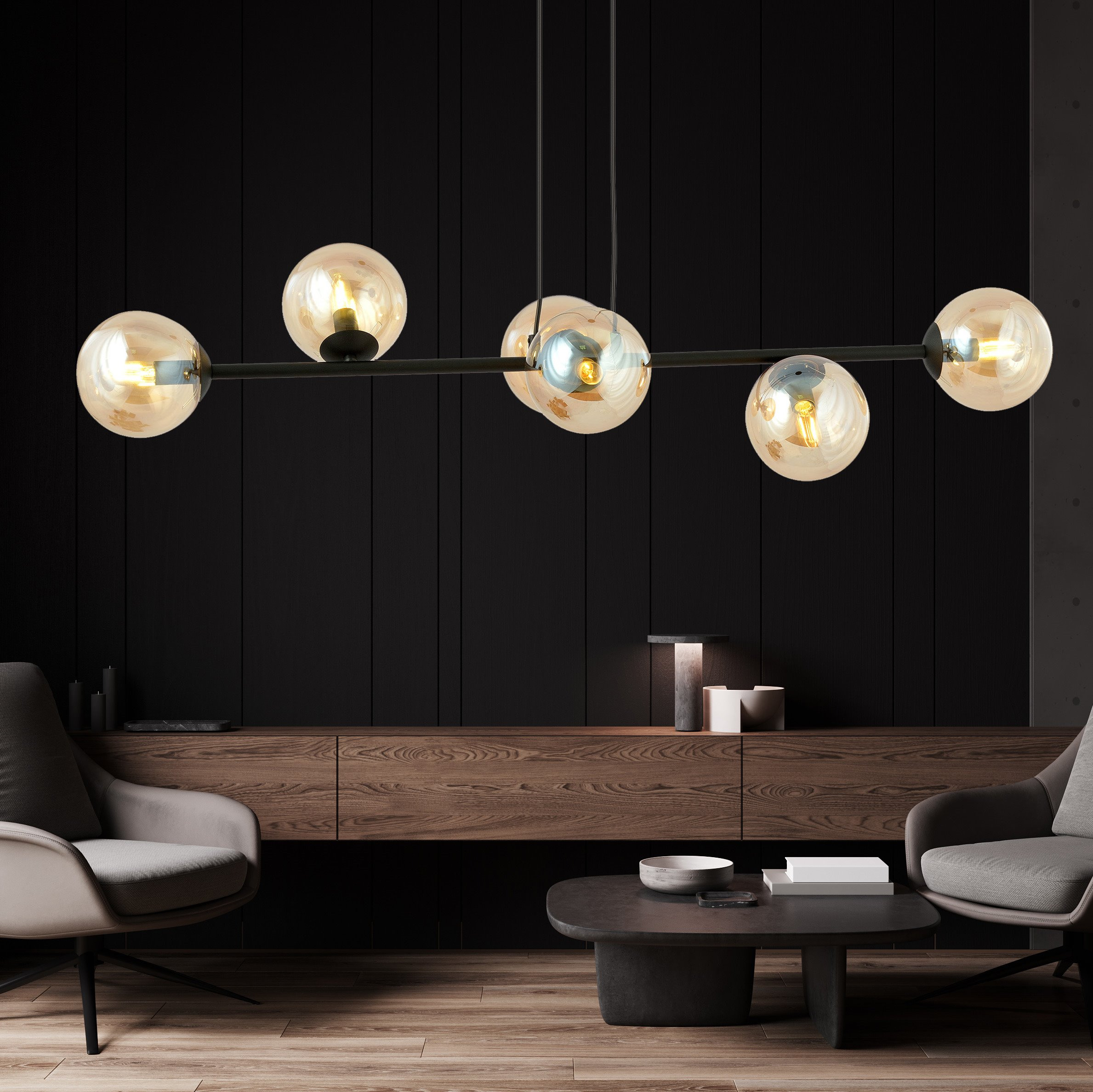 Suspension Rossi base en métal et abat-jour en boule de verre au design contemporain par Emibig Suspension Rossi base en métal et abat-jour en boule de verre au design contemporain par Emibig