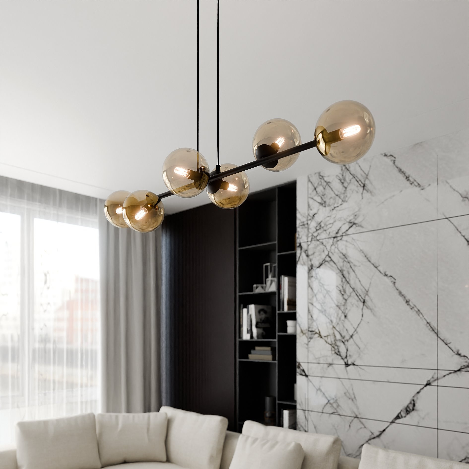 Suspension Rossi base en métal et abat-jour en boule de verre au design contemporain par Emibig Suspension Rossi base en métal et abat-jour en boule de verre au design contemporain par Emibig