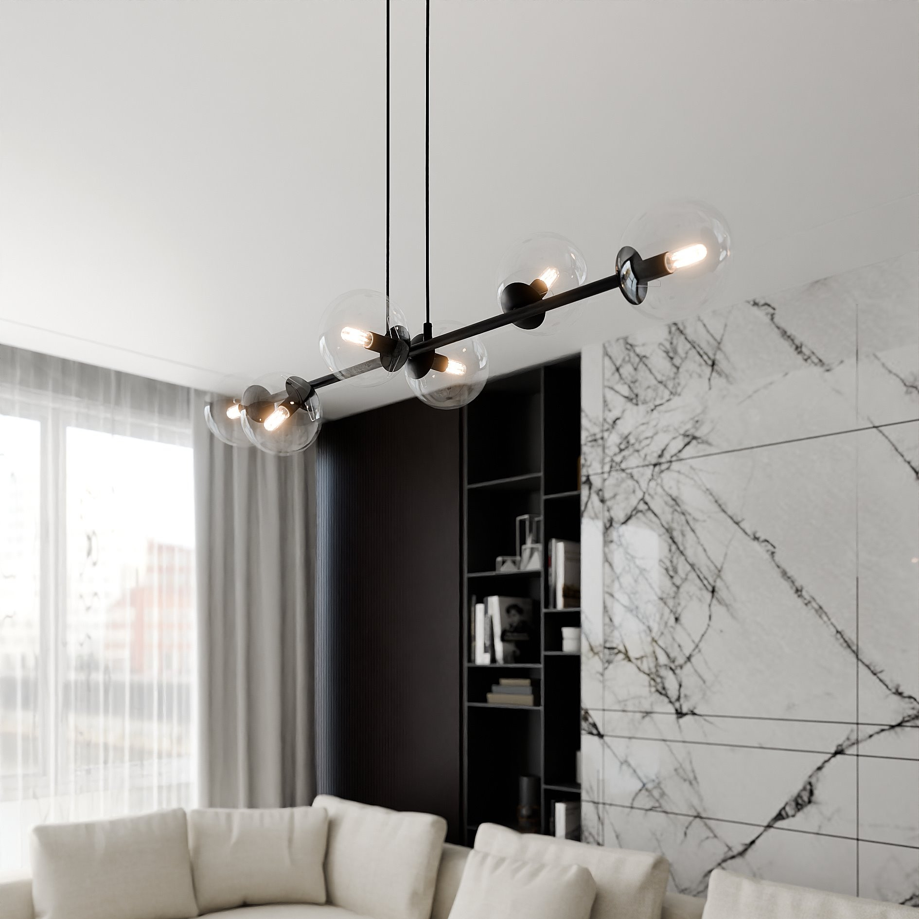 Suspension Rossi base en métal et abat-jour en boule de verre au design contemporain par Emibig Suspension Rossi base en métal et abat-jour en boule de verre au design contemporain par Emibig