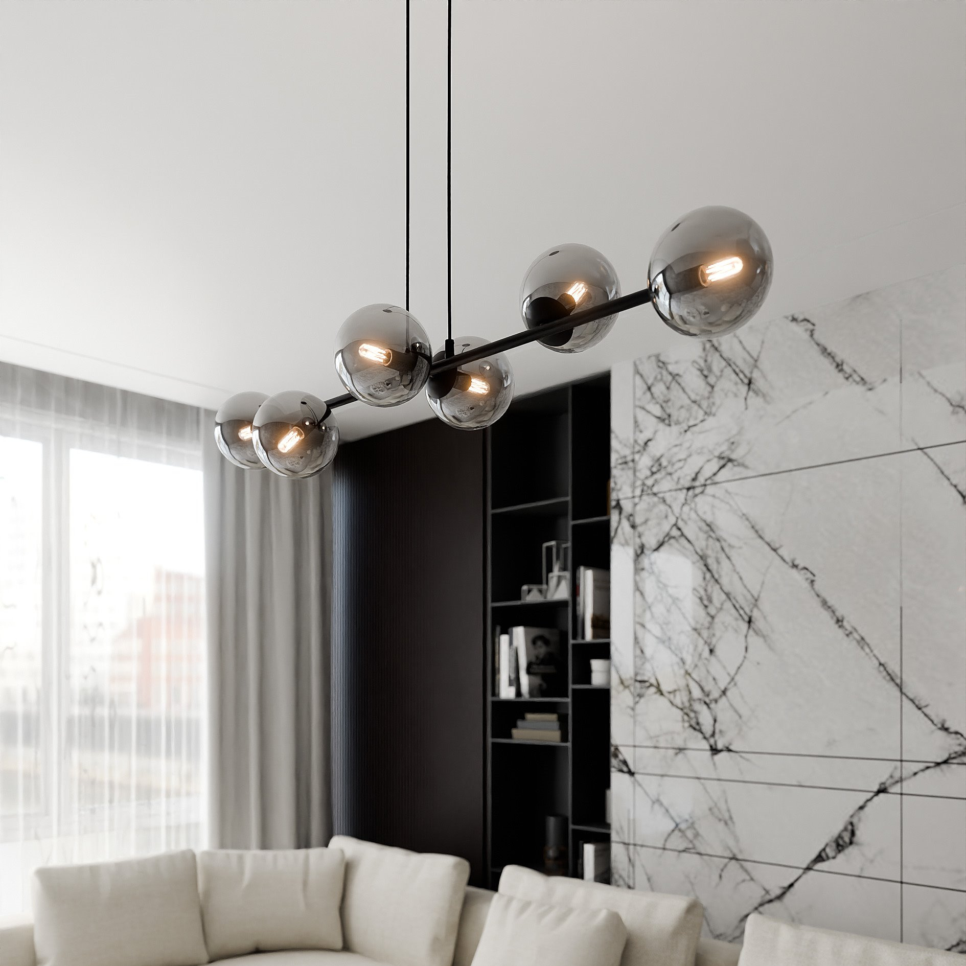 Suspension Rossi base en métal et abat-jour en boule de verre au design contemporain par Emibig Suspension Rossi base en métal et abat-jour en boule de verre au design contemporain par Emibig