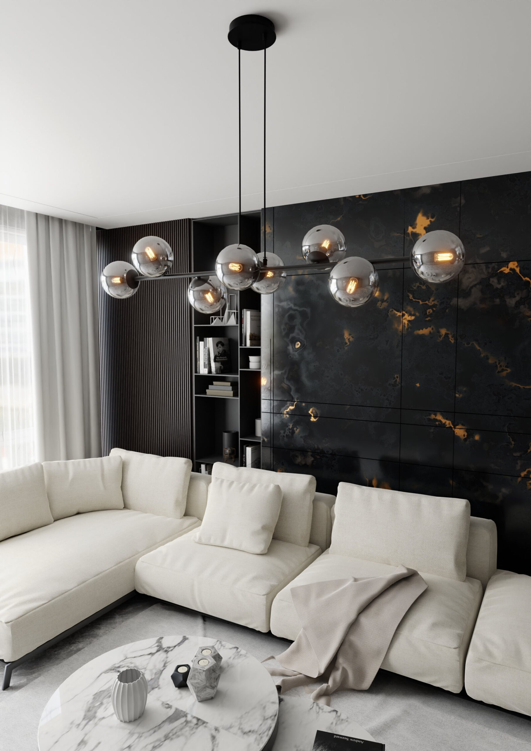 Suspension Rossi base en métal et abat-jour en boule de verre au design contemporain par Emibig Suspension Rossi base en métal et abat-jour en boule de verre au design contemporain par Emibig