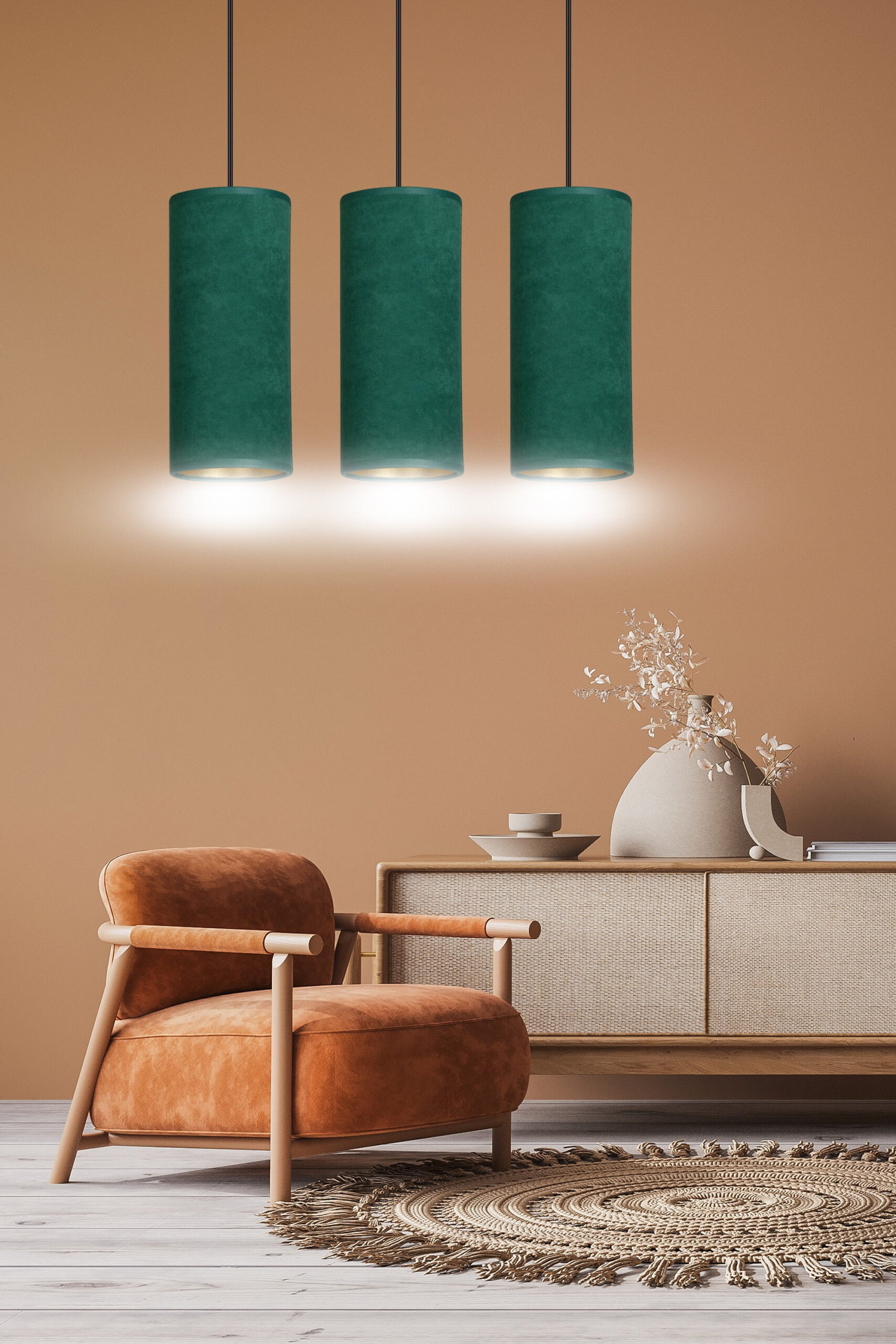 Suspension Bente base en métal linéaire avec abat-jour en velours au design contemporain par Emibig Suspension Bente base en métal linéaire avec abat-jour en velours au design contemporain par Emibig