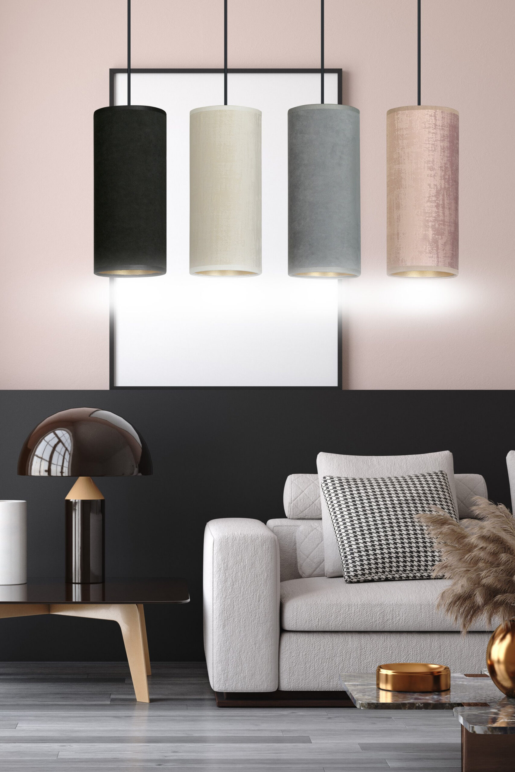 Suspension Bente base en métal linéaire avec abat-jour en velours au design contemporain par Emibig Suspension Bente base en métal linéaire avec abat-jour en velours au design contemporain par Emibig
