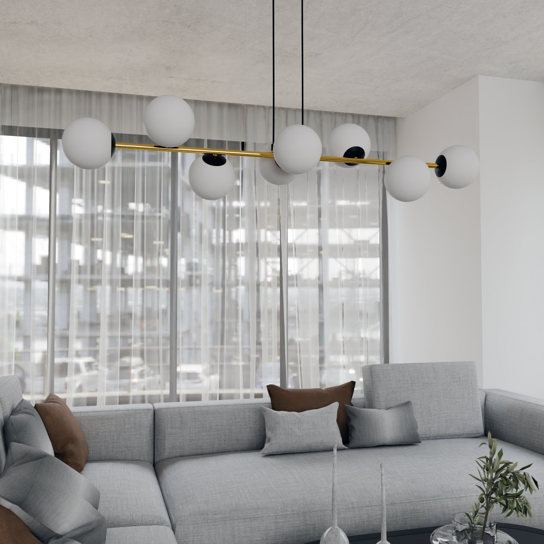 Suspension Gravity base en métal avec bras doré et abat-jour en boule de verre au design contemporain par Emibig Suspension Gravity base en métal avec bras doré et abat-jour en boule de verre au design contemporain par Emibig