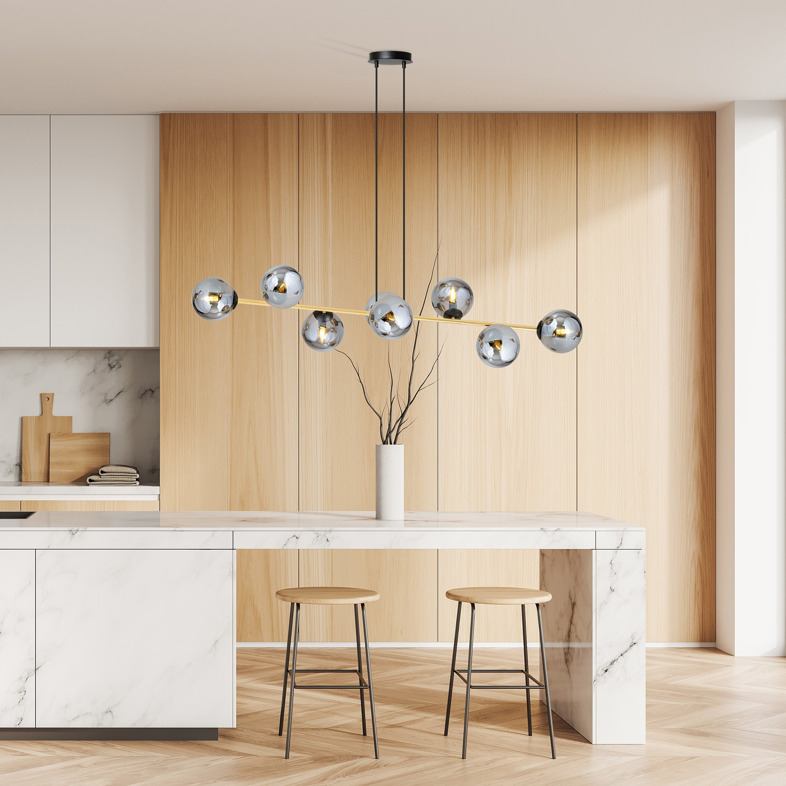 Suspension Gravity base en métal avec bras doré et abat-jour en boule de verre au design contemporain par Emibig Suspension Gravity base en métal avec bras doré et abat-jour en boule de verre au design contemporain par Emibig