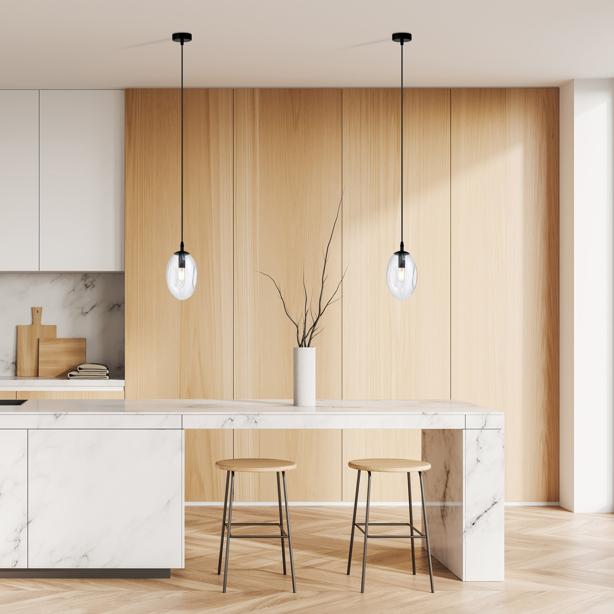 Suspension Astral avec base en métal circulaire et abat-jour ovale en verre au design contemporain par Emibig Suspension Astral avec base en métal circulaire et abat-jour ovale en verre au design contemporain par Emibig