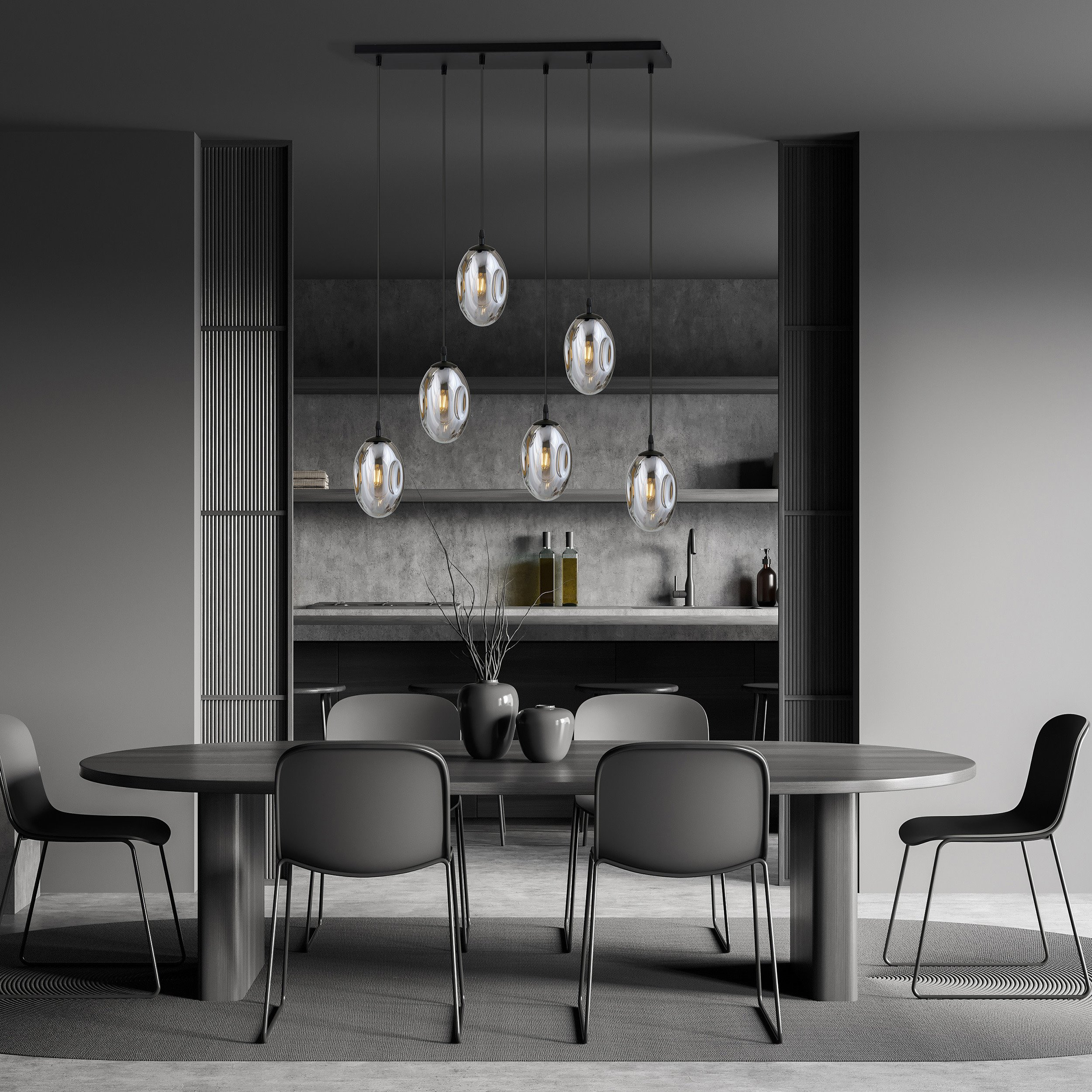 Suspension Astral avec base en métal rectangulaire et abat-jour ovale en verre au design contemporain par Emibig Suspension Astral avec base en métal rectangulaire et abat-jour ovale en verre au design contemporain par Emibig
