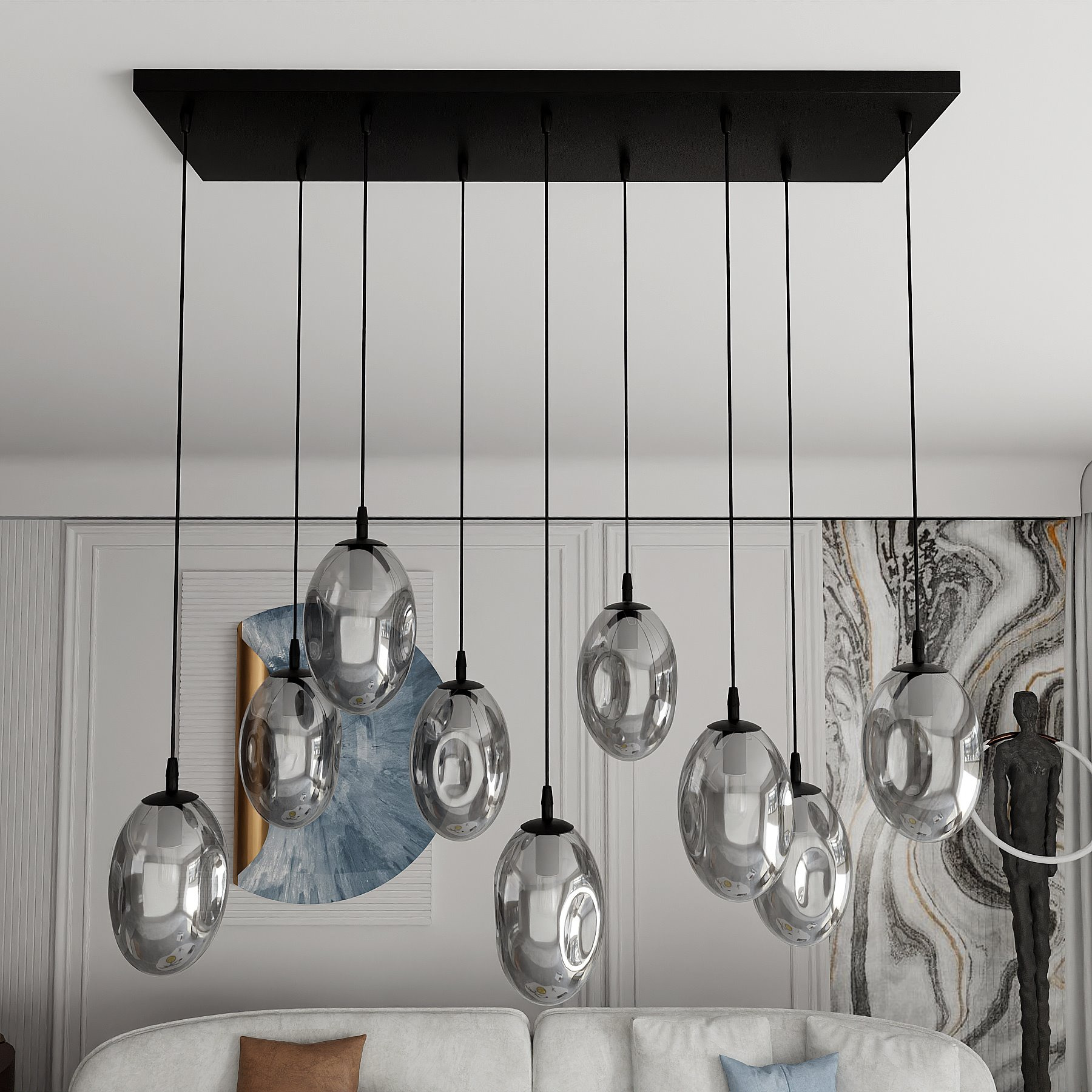Suspension Astral avec base en métal rectangulaire et abat-jour ovale en verre au design contemporain par Emibig Suspension Astral avec base en métal rectangulaire et abat-jour ovale en verre au design contemporain par Emibig
