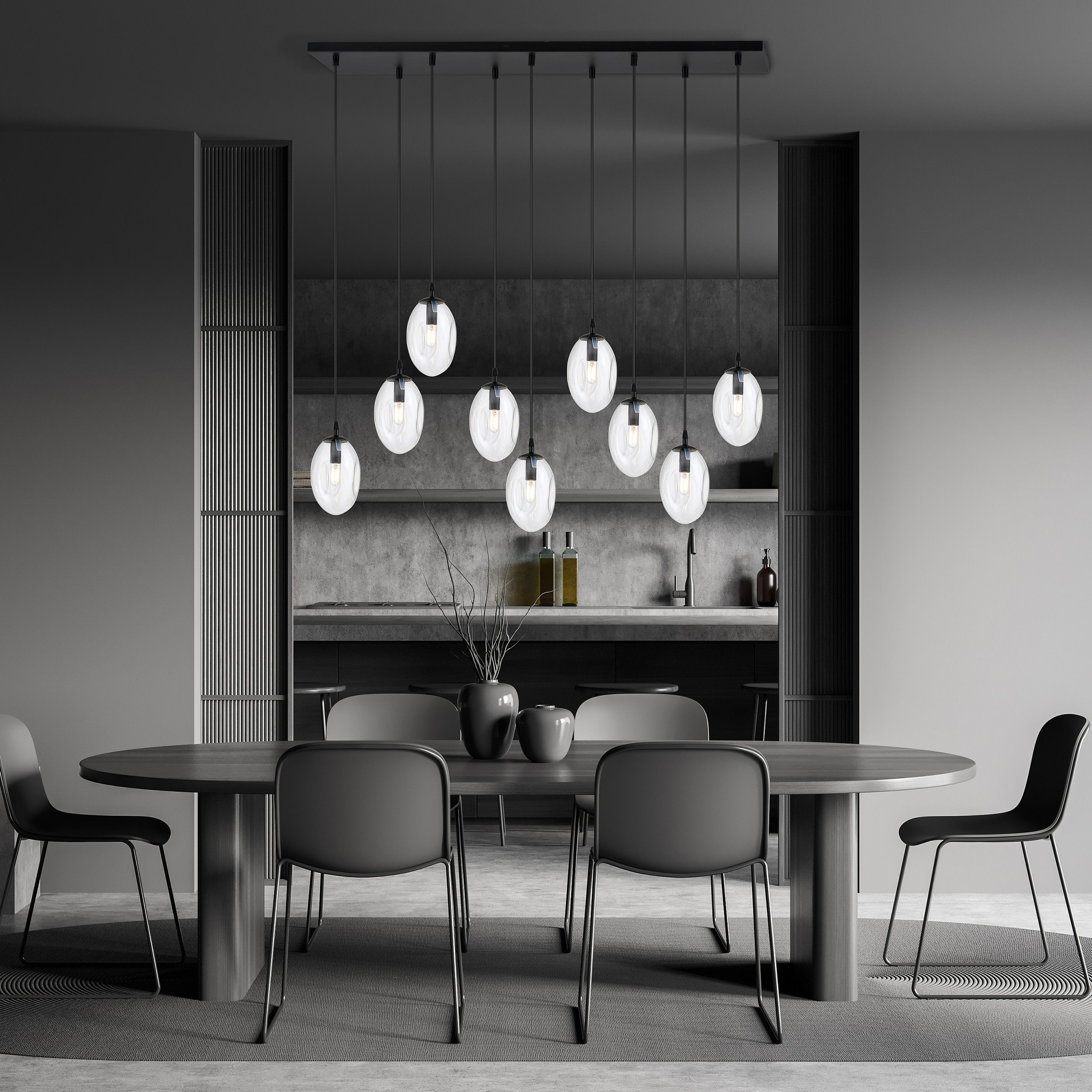 Suspension Astral avec base en métal rectangulaire et abat-jour ovale en verre au design contemporain par Emibig Suspension Astral avec base en métal rectangulaire et abat-jour ovale en verre au design contemporain par Emibig