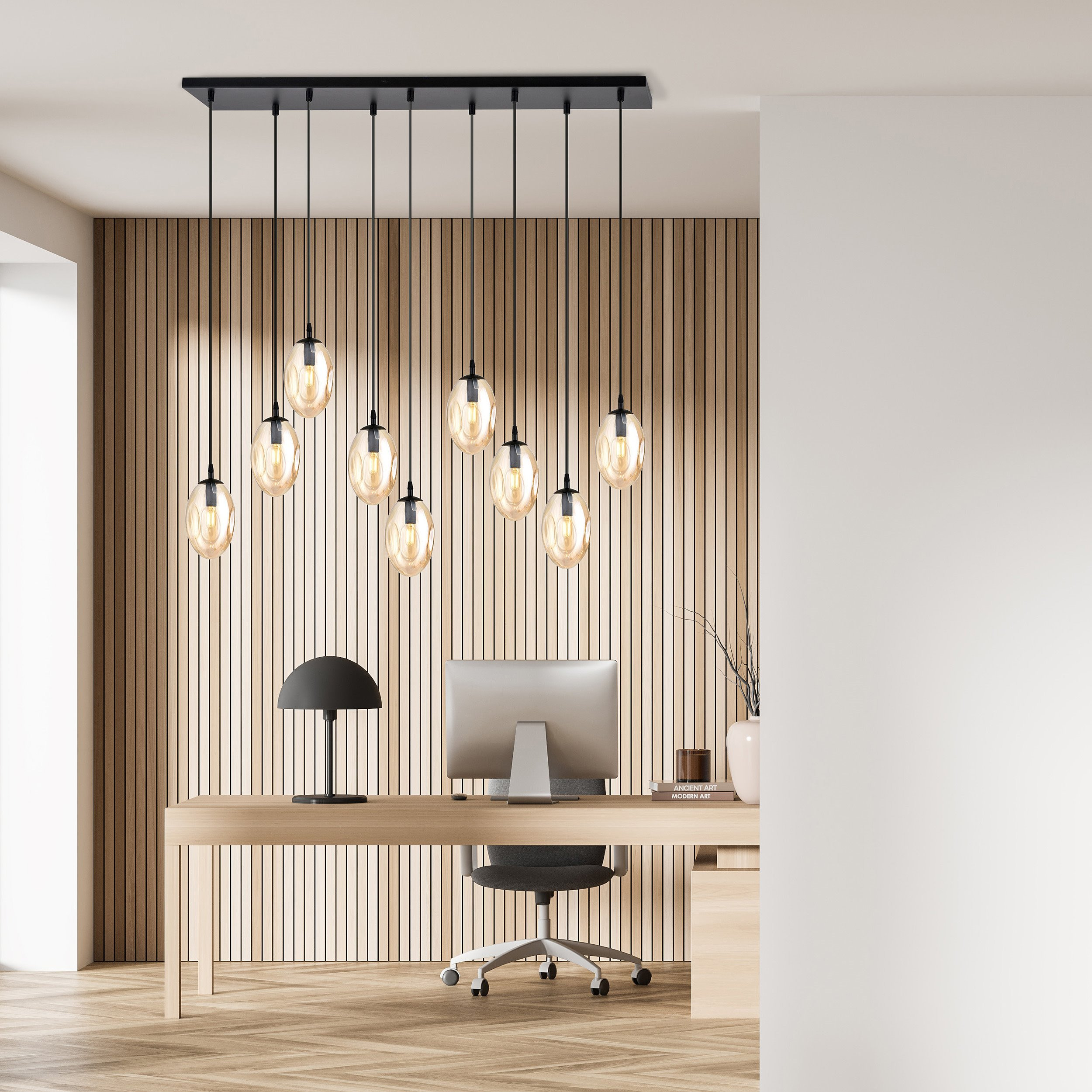 Suspension Astral avec base en métal rectangulaire et abat-jour ovale en verre au design contemporain par Emibig Suspension Astral avec base en métal rectangulaire et abat-jour ovale en verre au design contemporain par Emibig