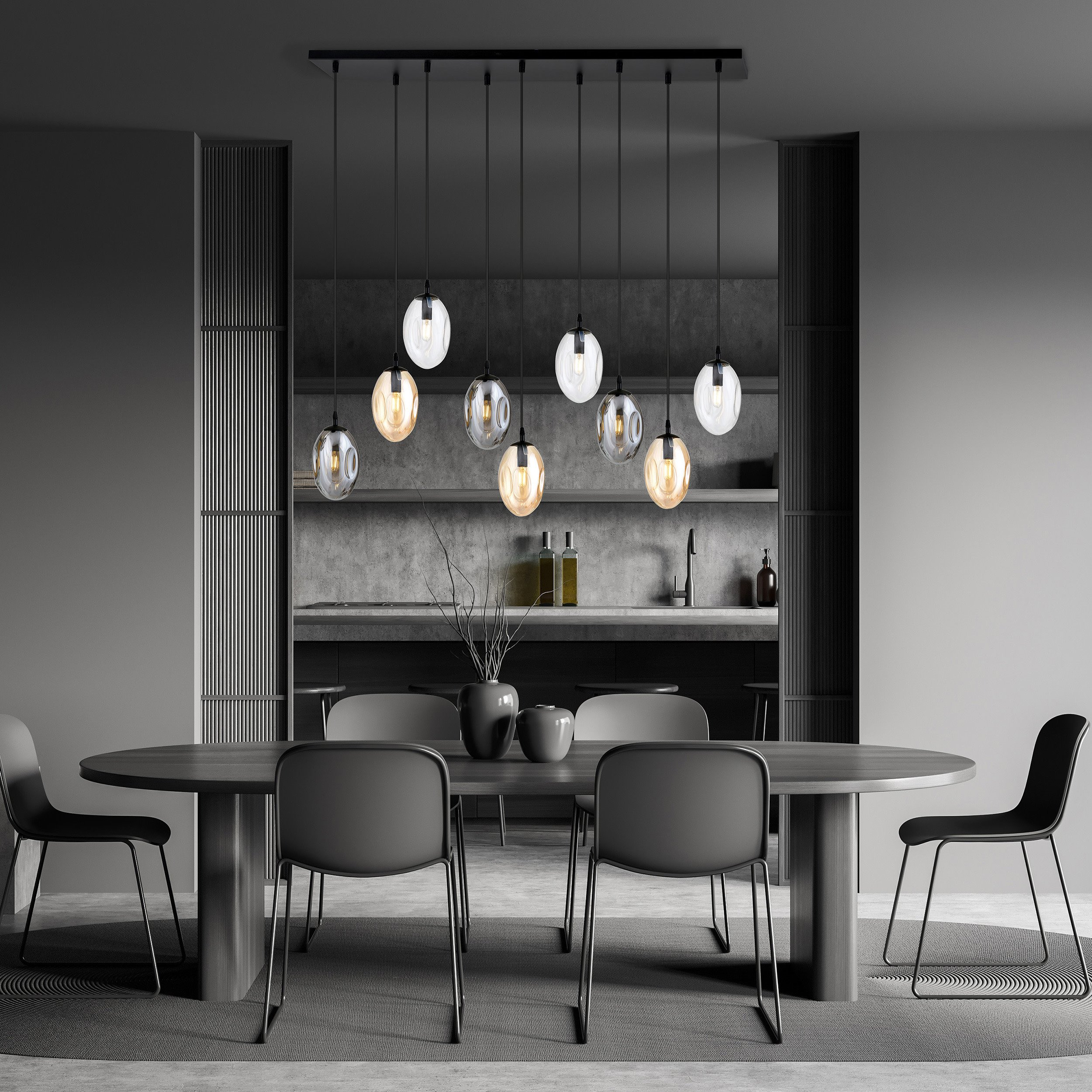 Suspension Astral avec base en métal rectangulaire et abat-jour ovale en verre au design contemporain par Emibig Suspension Astral avec base en métal rectangulaire et abat-jour ovale en verre au design contemporain par Emibig
