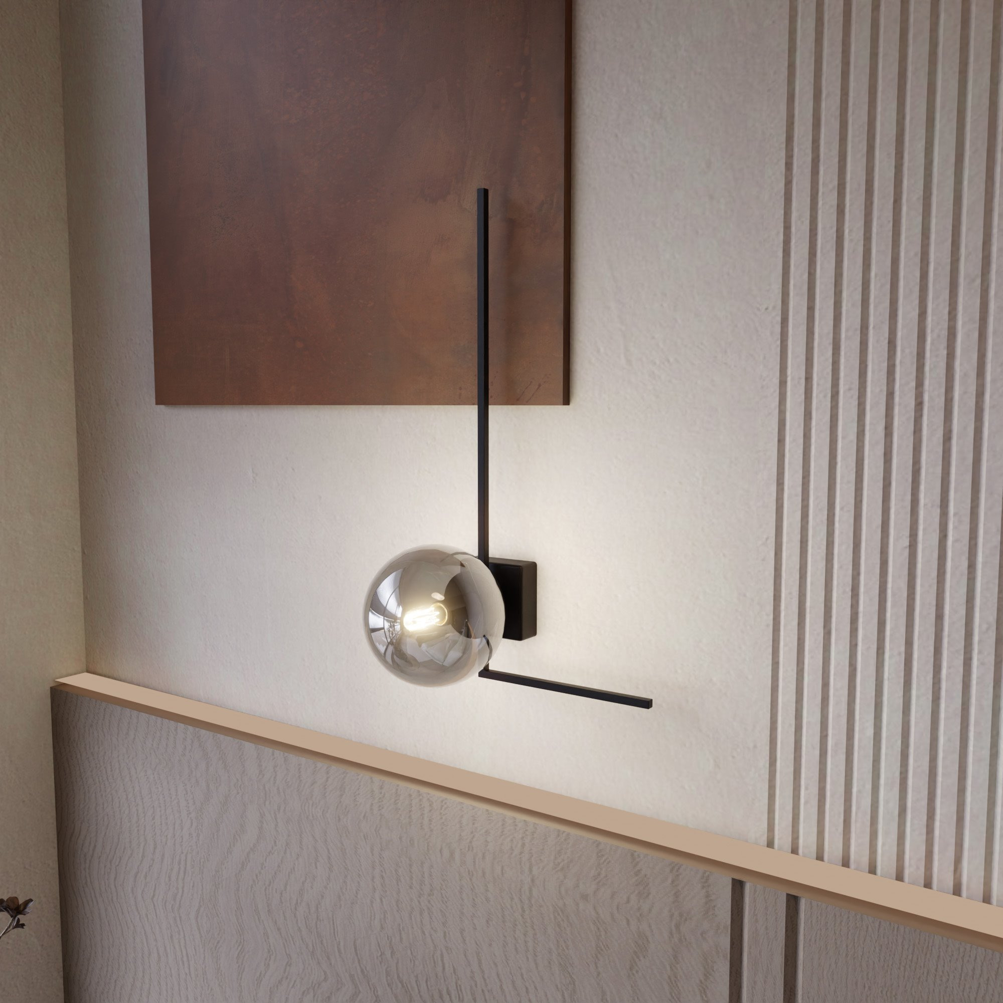 Plafonnier Imago avec base en cadre métallique en angle droit et abat-jour en boule de verre au design contemporain par Emibig Plafonnier Imago avec base en cadre métallique en angle droit et abat-jour en boule de verre au design contemporain par Emibig