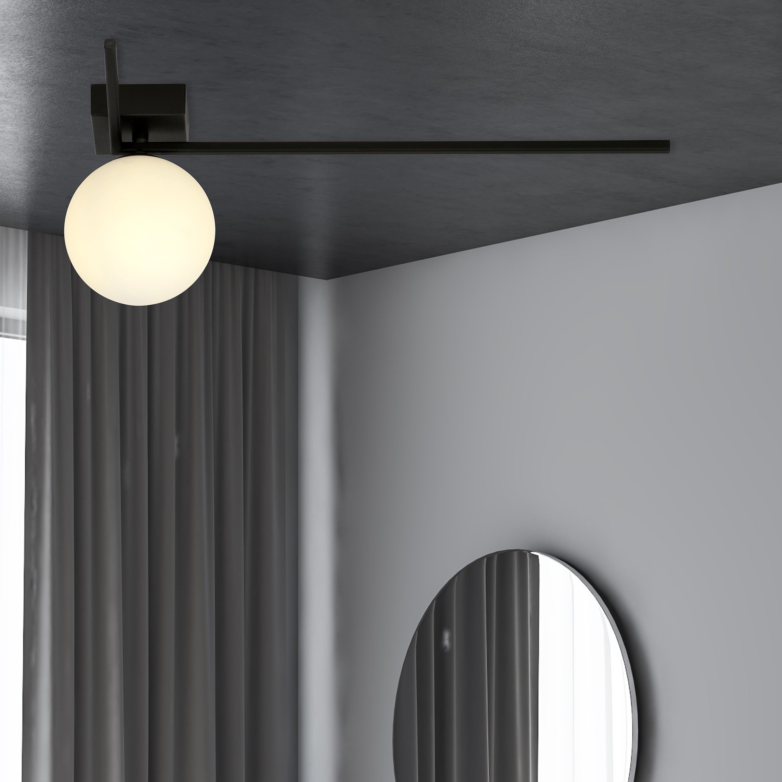 Plafonnier Imago avec base en cadre métallique en angle droit et abat-jour en boule de verre au design contemporain par Emibig Plafonnier Imago avec base en cadre métallique en angle droit et abat-jour en boule de verre au design contemporain par Emibig
