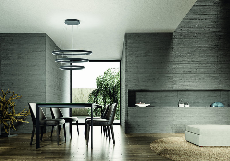Suspension Chryseide cadre en aluminium avec diffuseur en forme d'anneau en silicone au design contemporain par Gea Luce Suspension Chryseide cadre en aluminium avec diffuseur en forme d'anneau en silicone au design contemporain par Gea Luce