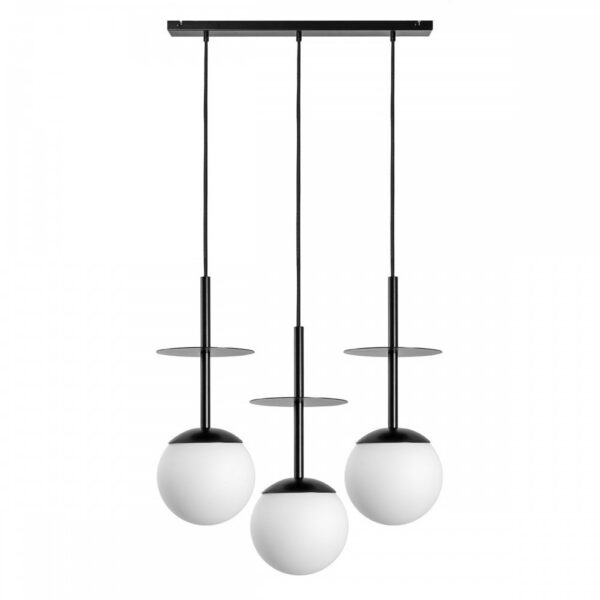 Plafonnier Plaat cadre en métal linéaire avec trois diffuseurs en boule blanc opale au design contemporain par Ummo lighting