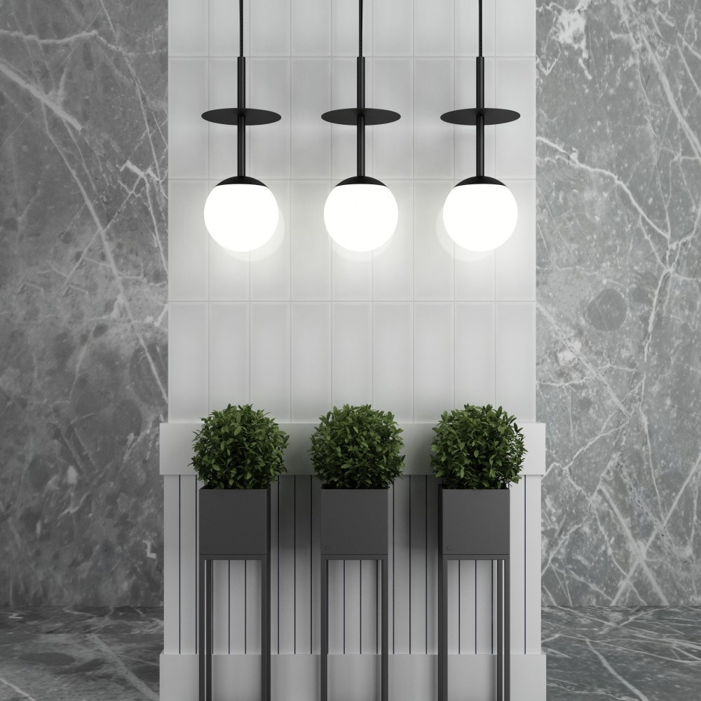 Suspension Plaat cadre en métal avec long câble et diffuseur en boule opale au design contemporain par Ummo lighting Suspension Plaat cadre en métal avec long câble et diffuseur en boule opale au design contemporain par Ummo lighting