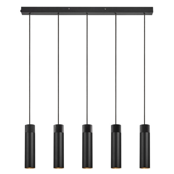 Suspension Tilo base métal en bande avec détail bois et cinq abat-jour épuré au design scandinave par Nordlux