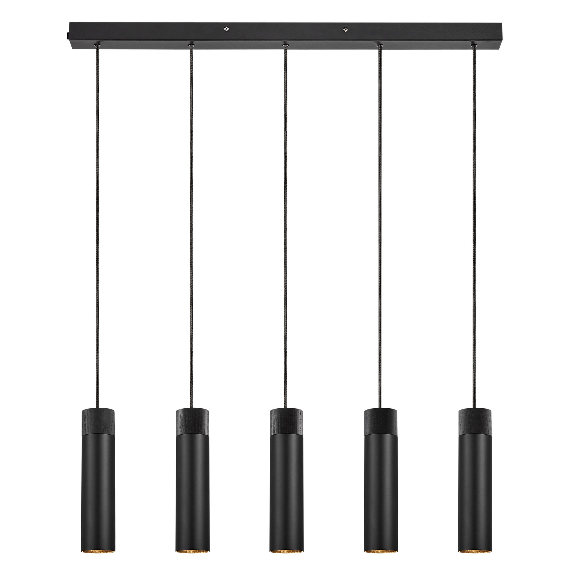 Suspension Tilo base métal en bande avec détail bois et cinq abat-jour épuré au design scandinave par Nordlux