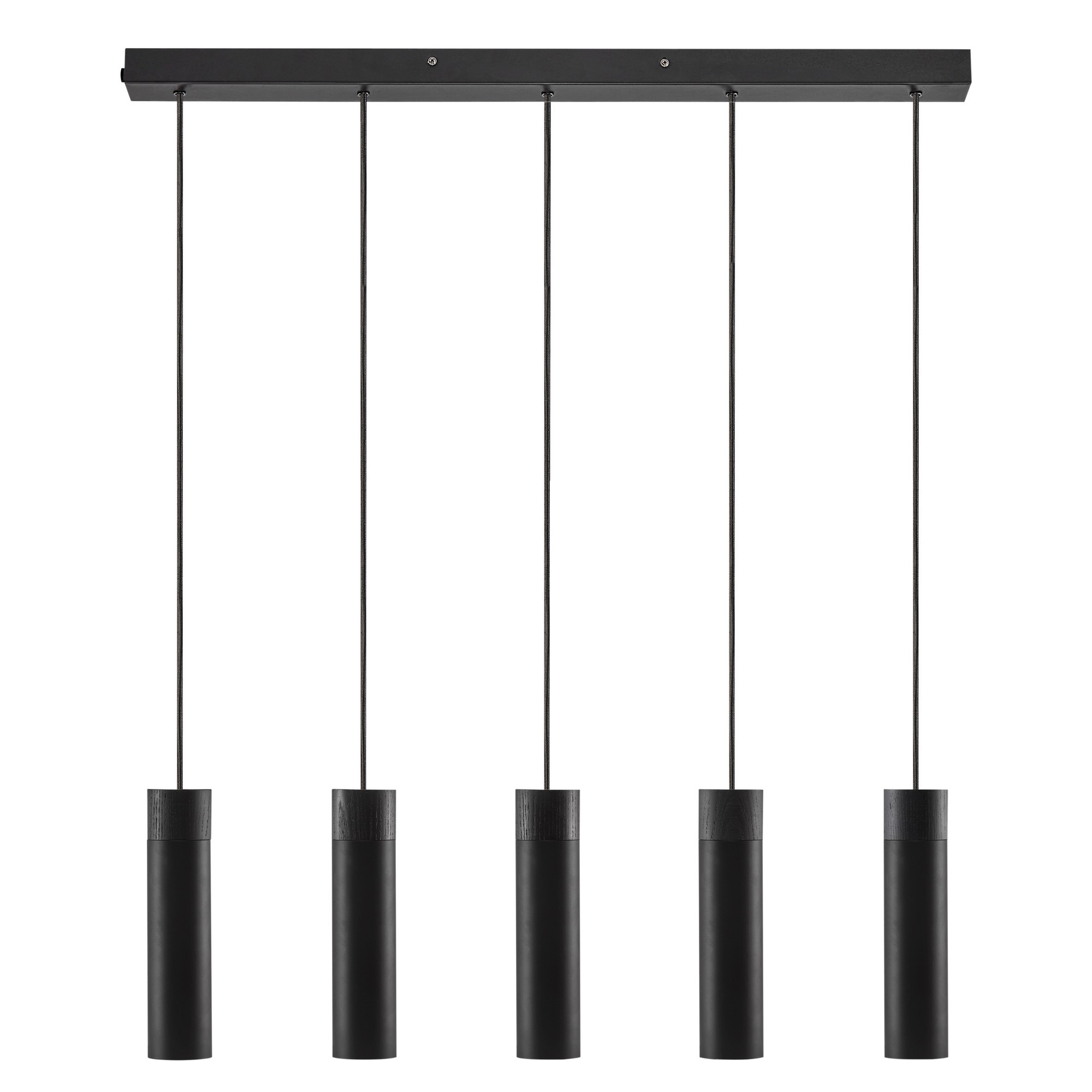 Suspension Tilo base métal en bande avec détail bois et cinq abat-jour épuré au design scandinave par Nordlux Suspension Tilo base métal en bande avec détail bois et cinq abat-jour épuré au design scandinave par Nordlux