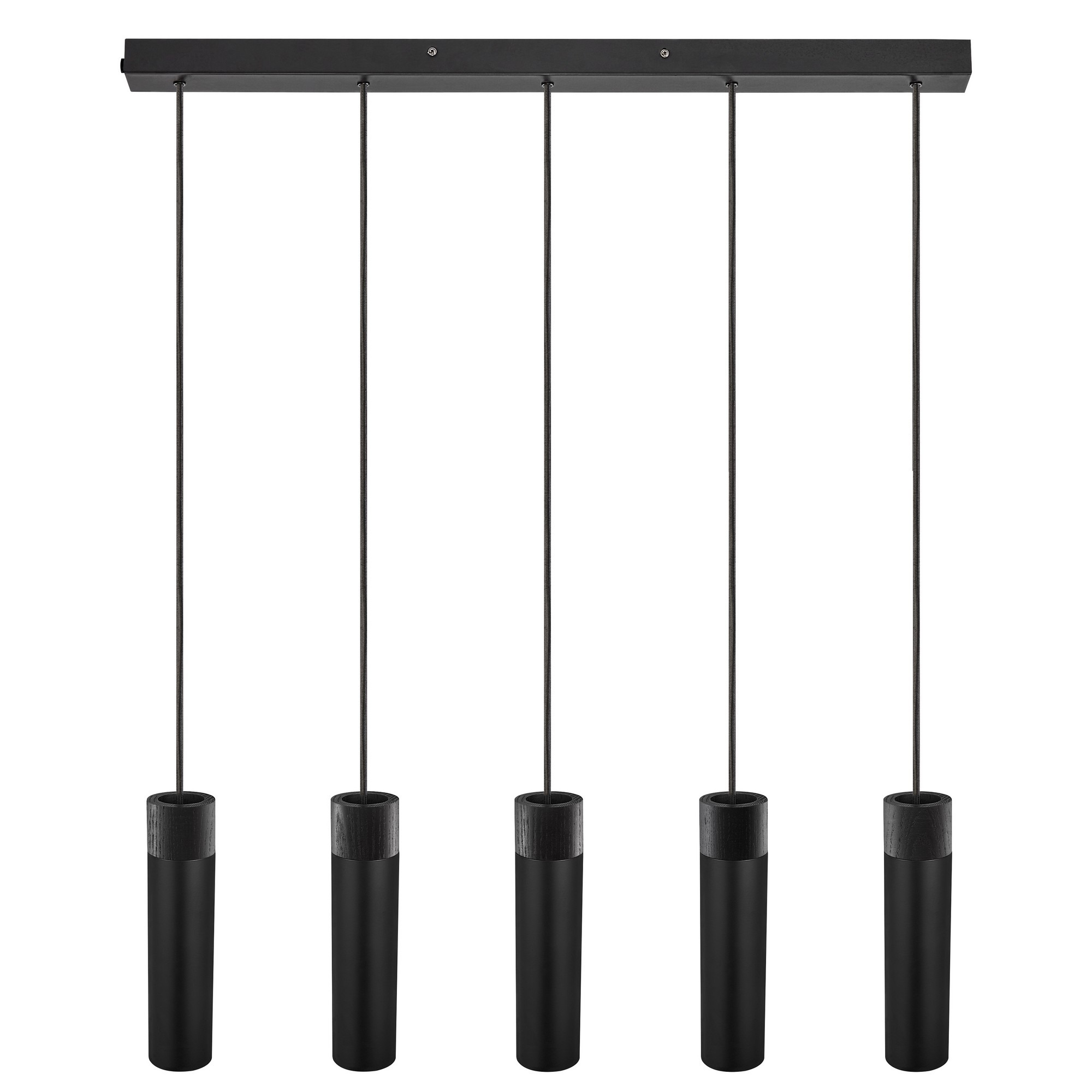 Suspension Tilo base métal en bande avec détail bois et cinq abat-jour épuré au design scandinave par Nordlux Suspension Tilo base métal en bande avec détail bois et cinq abat-jour épuré au design scandinave par Nordlux
