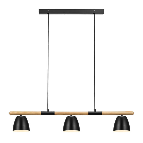 Suspension Theo base en bande métal et bois avec trois abat-jour au design contemporain par Nordlux