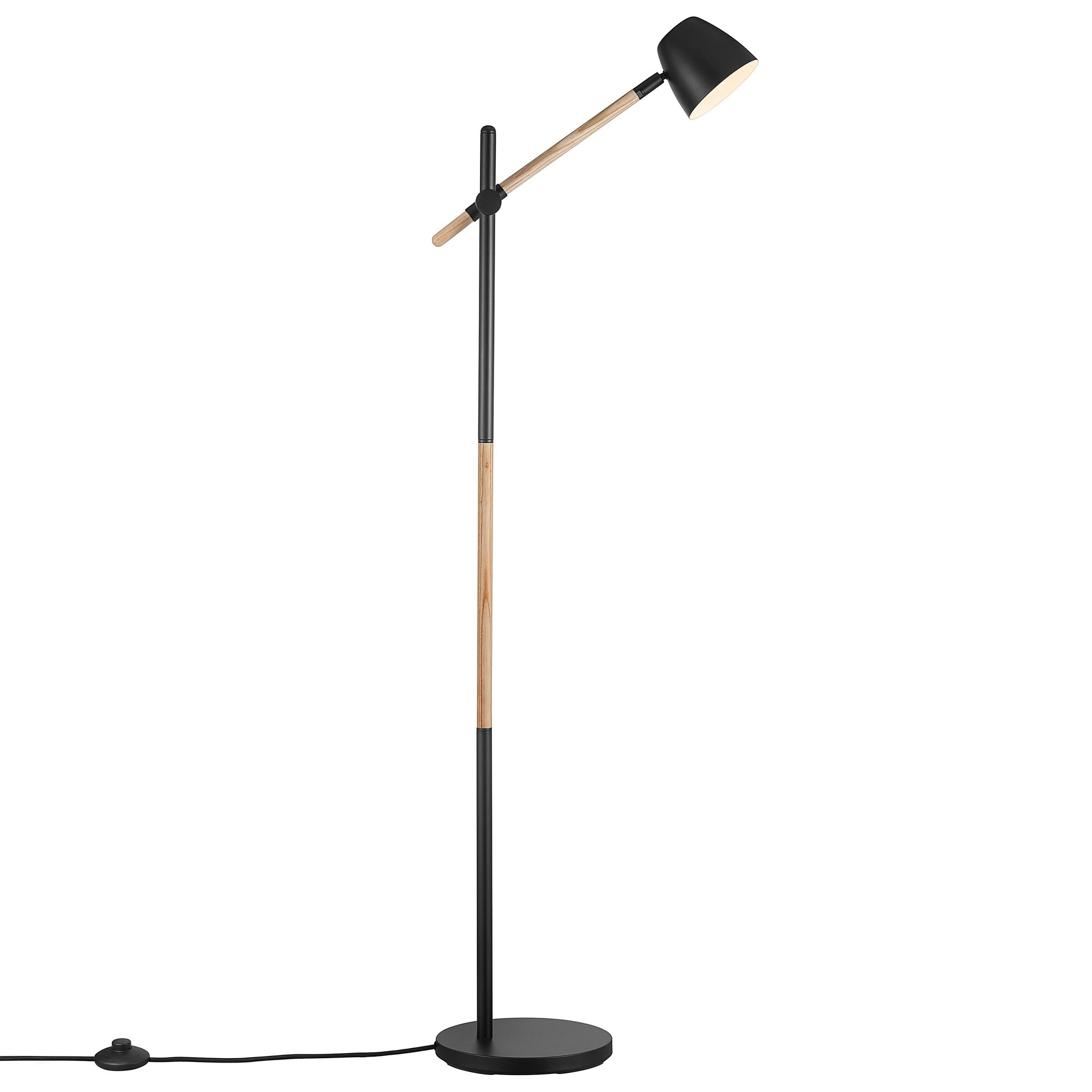 Lampadaire Theo base en métal et bois avec tête d'éclairage orientable au design contemporain par Nordlux