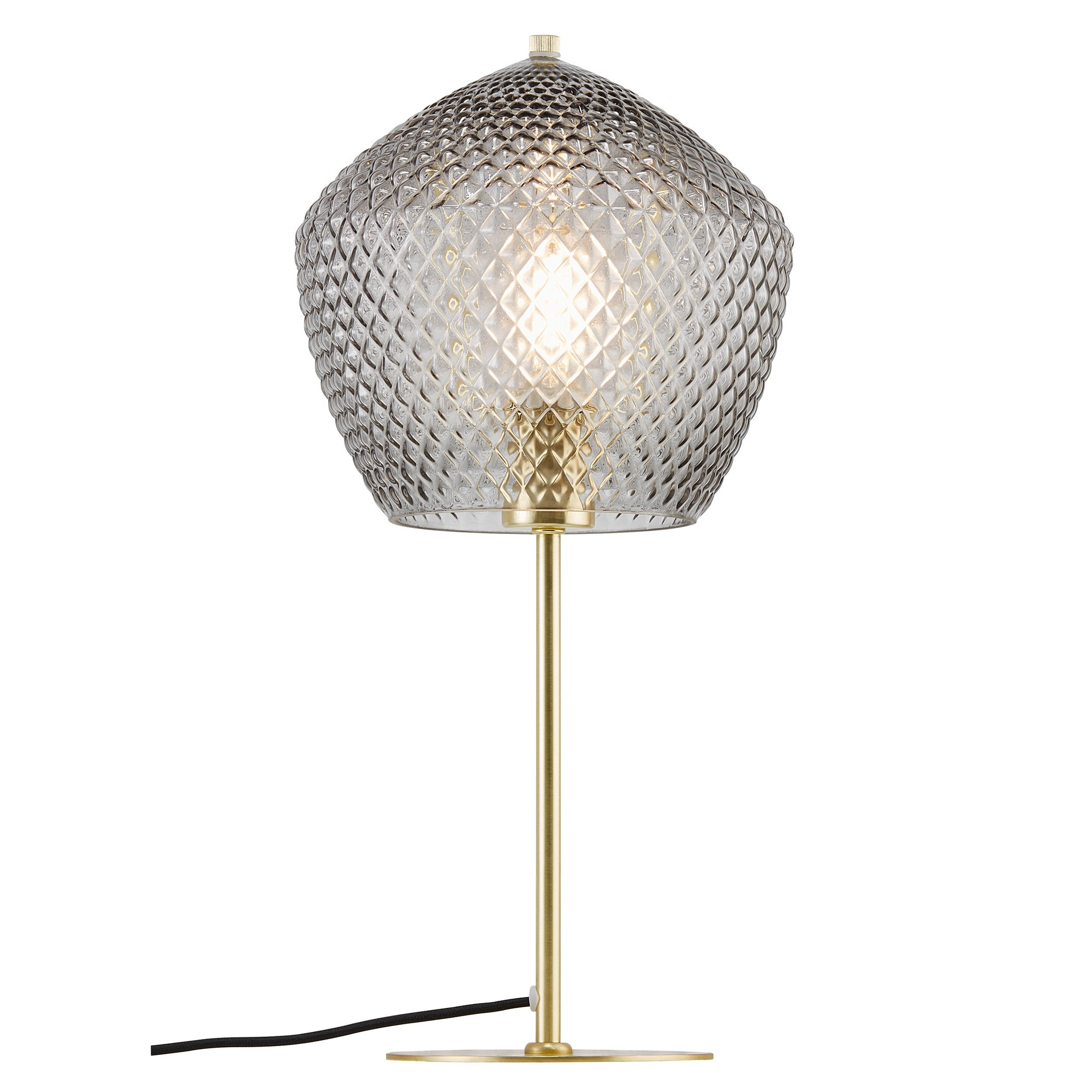 Lampe à poser Orbiform base en laiton et abat-jour à motif diamant en verre fumé au design contemporain par Nordlux Lampe à poser Orbiform base en laiton et abat-jour à motif diamant en verre fumé au design contemporain par Nordlux