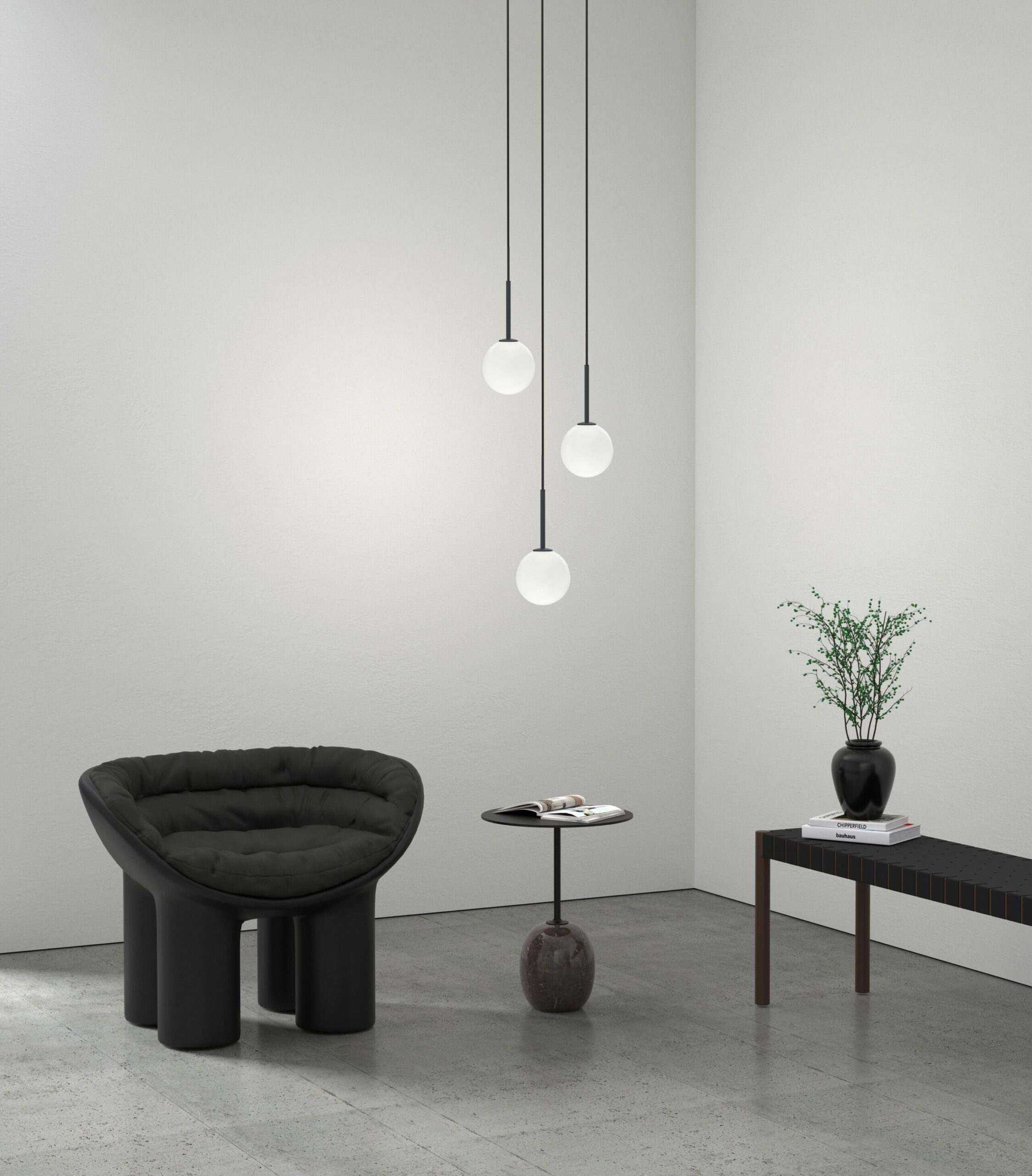 Suspension Ballon base en métal avec abat-jour en verre opal au design contemporain par Herstal Suspension Ballon base en métal avec abat-jour en verre opal au design contemporain par Herstal